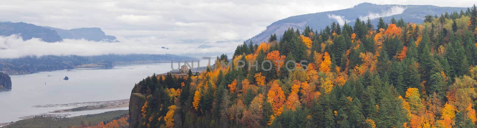 Vista House on Crown Point Along Columbia River Gorge Oregon in Fall Season Panorama