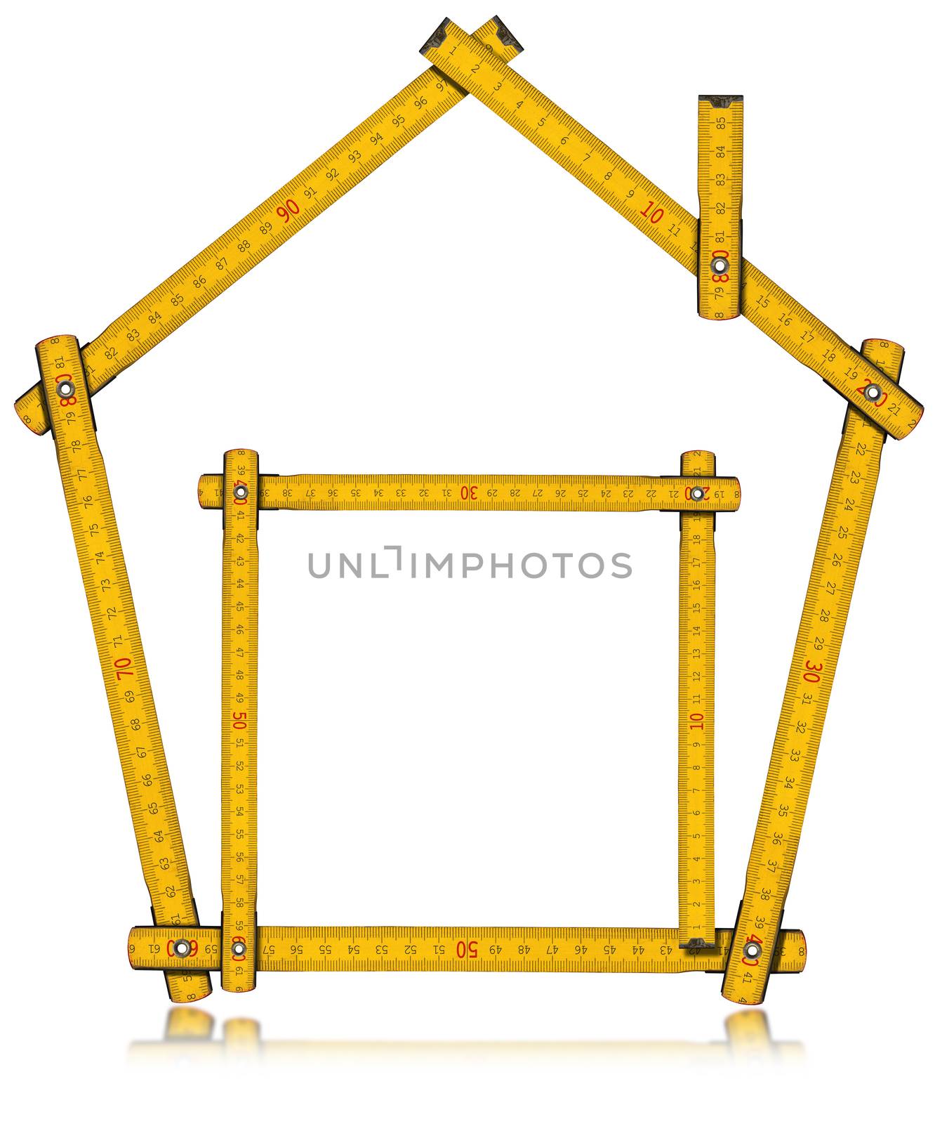 Wooden yellow meter in the shape of house with door and chimney, isolated on white background. Design house concept