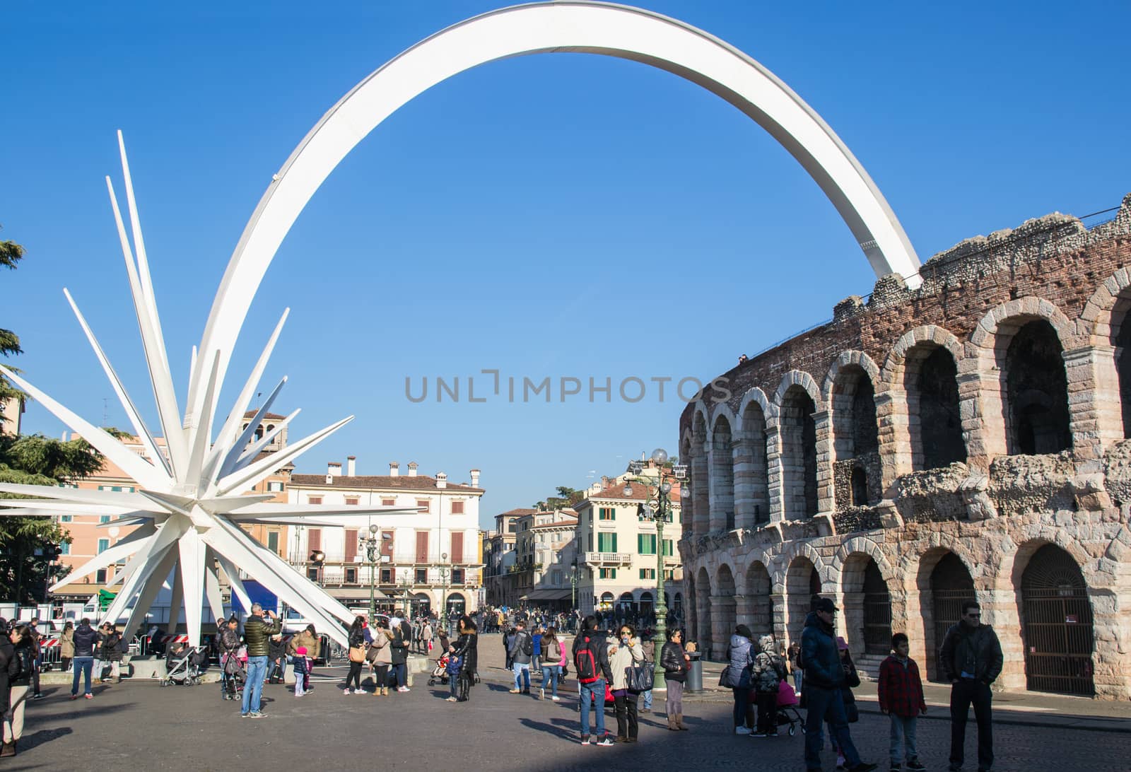 VERONA, ITALY - CIRCA DECEMBER 2014: The City installs for Christmas in the central square a huge white comet circa december 2014. An act appreciated by locals and tourists.