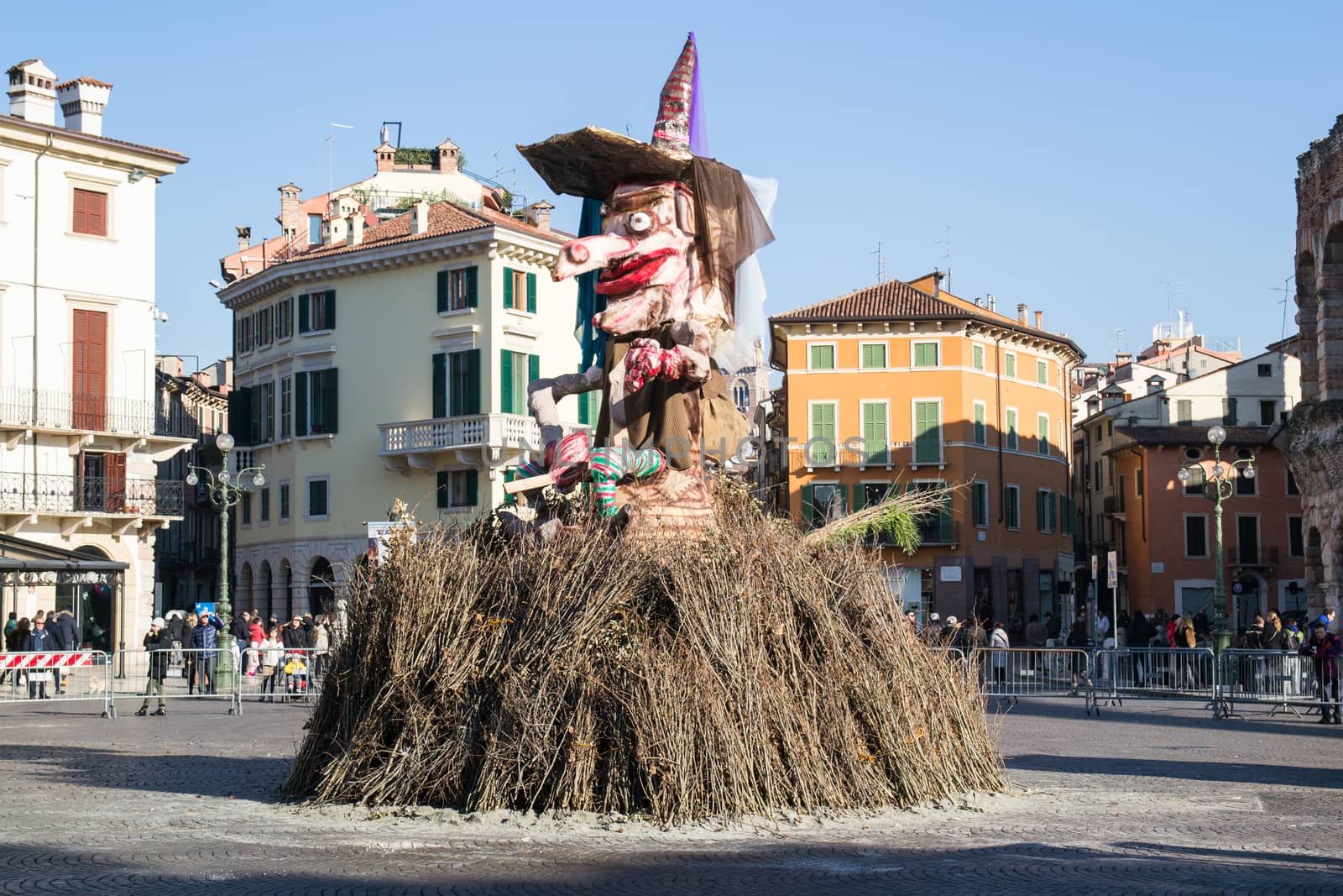 VERONA, ITALY - JANUARY 6: witch at the stake. Traditional annual bonfire in the square called Bra Sunday, January 6, 2015.