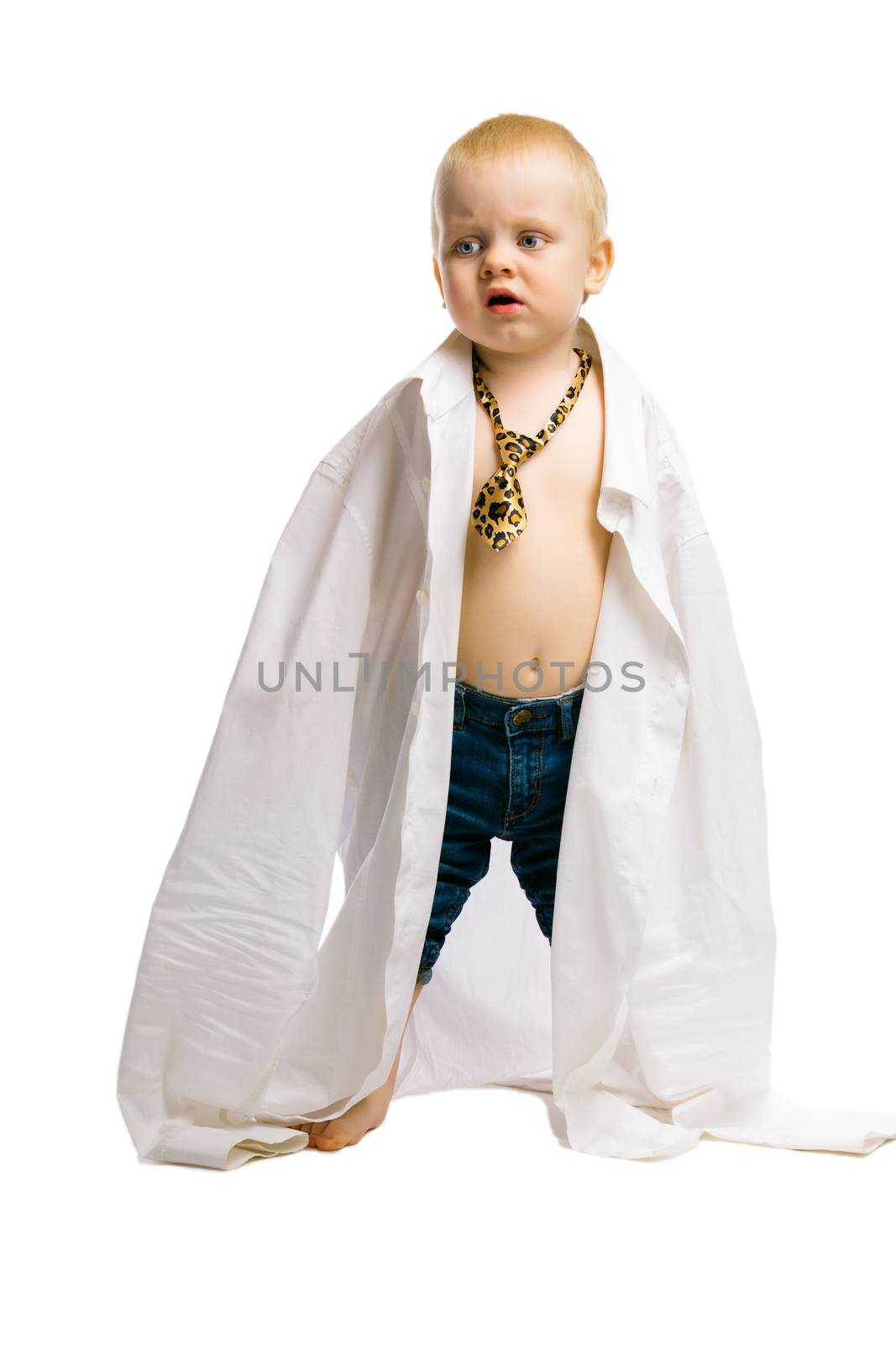 baby boy in a huge shirt and tie. Studio by pzRomashka
