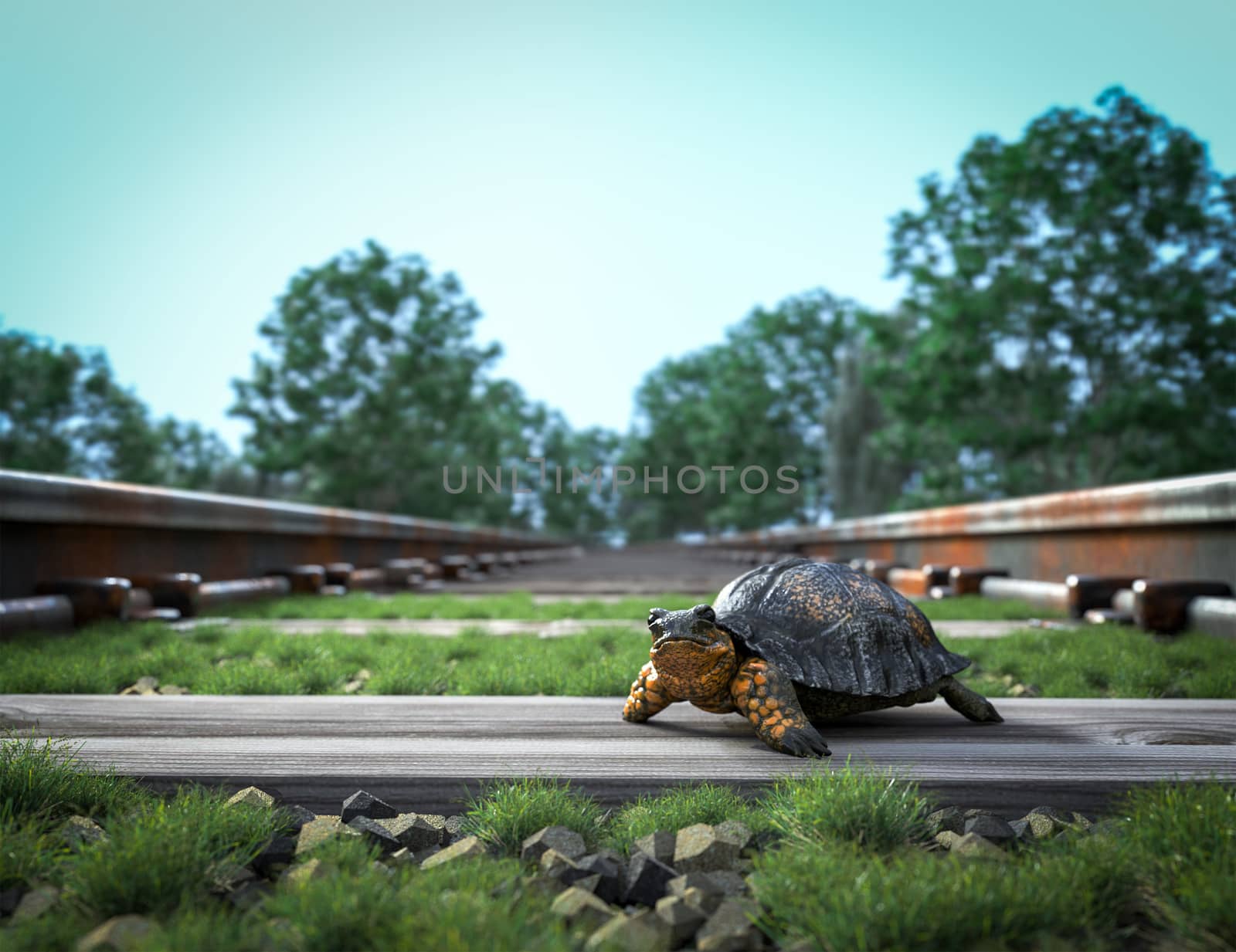 Railway track crossing rural landscape and turtle. Travel concept