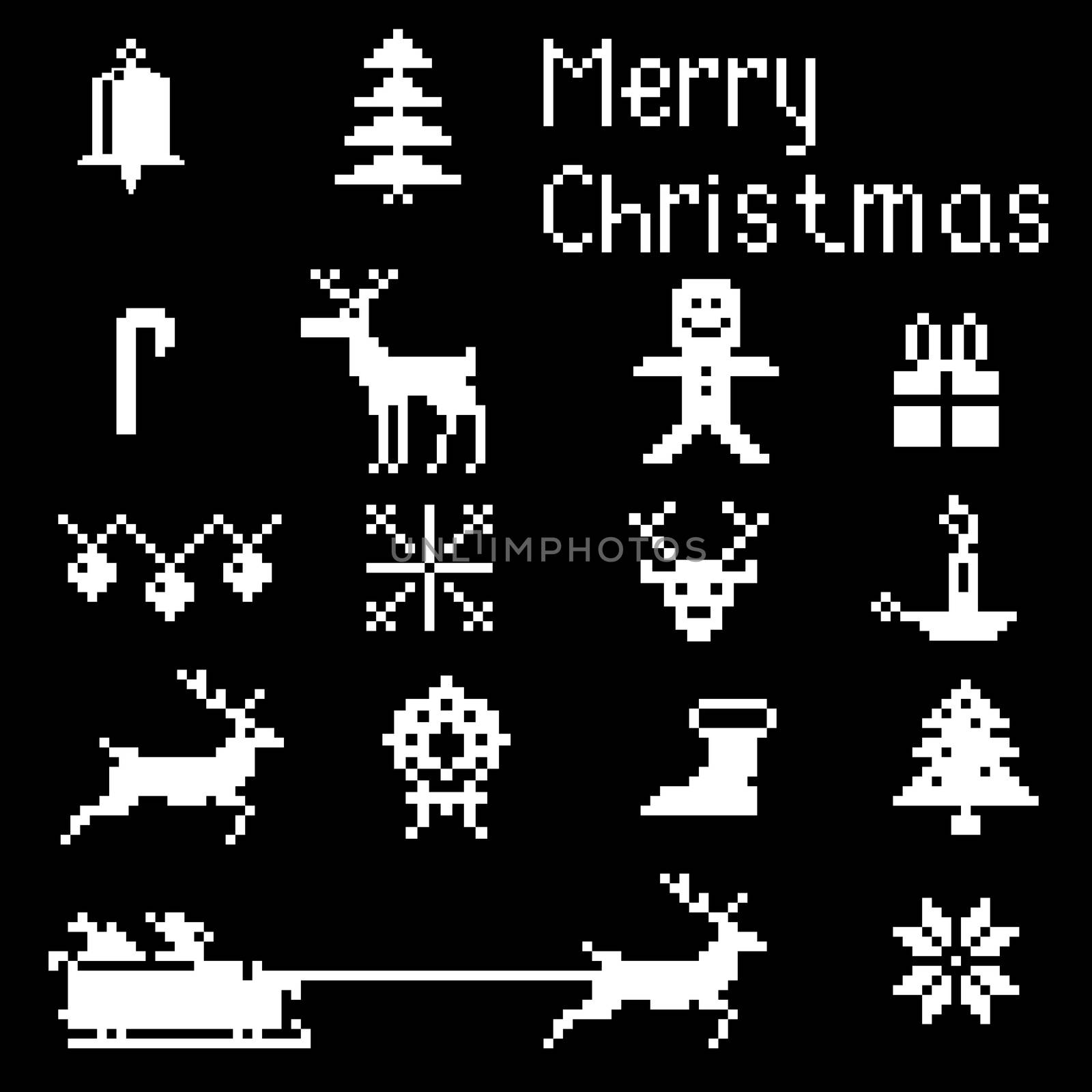 Christmas pixel style icons set, winter pattern pixels.