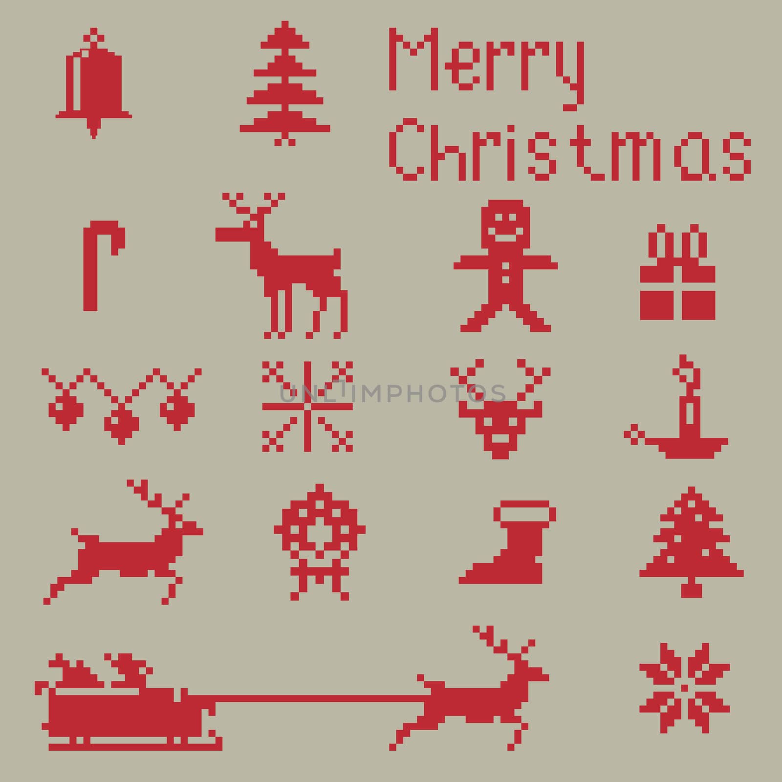 Christmas pixel style icons set, winter pattern pixels.