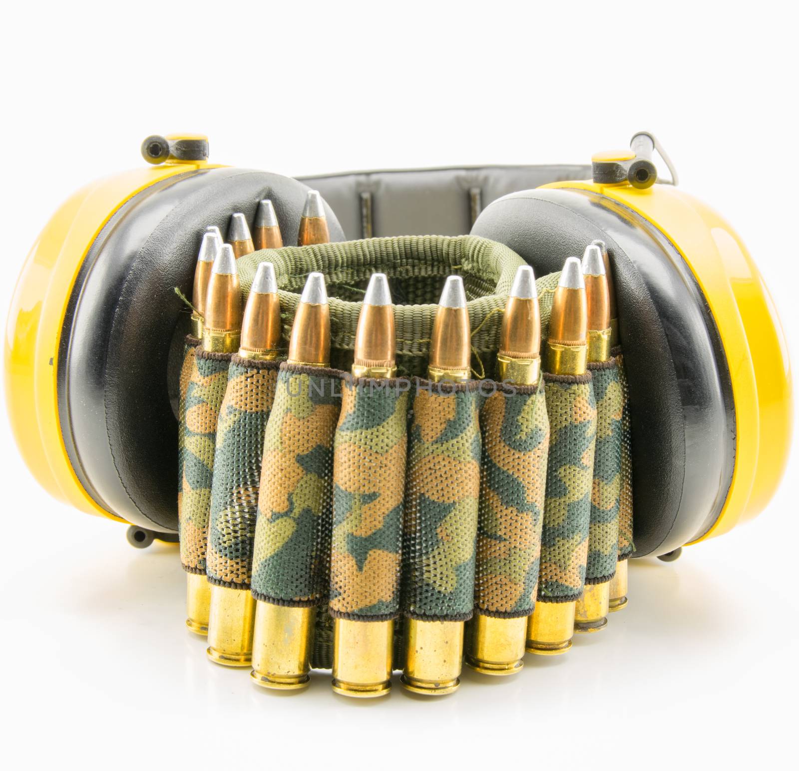 yellow ear protection and camouflage ammunition belt for rifle