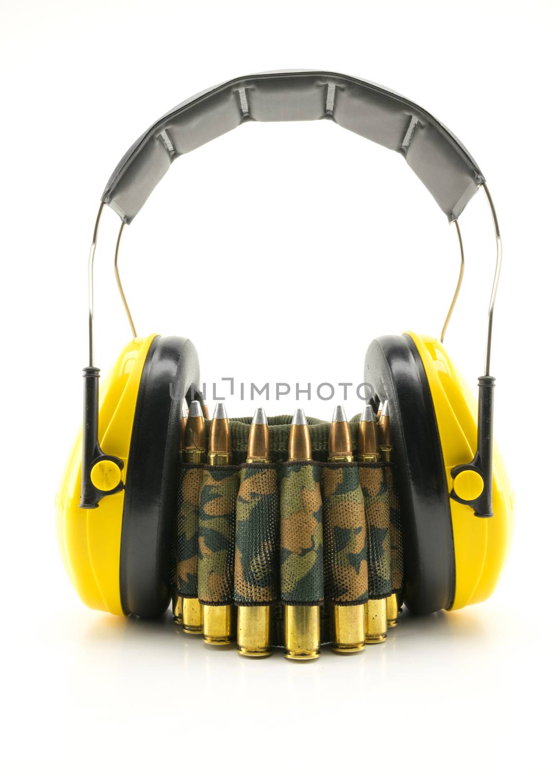 yellow ear protection and camouflage ammunition belt by Isaac74