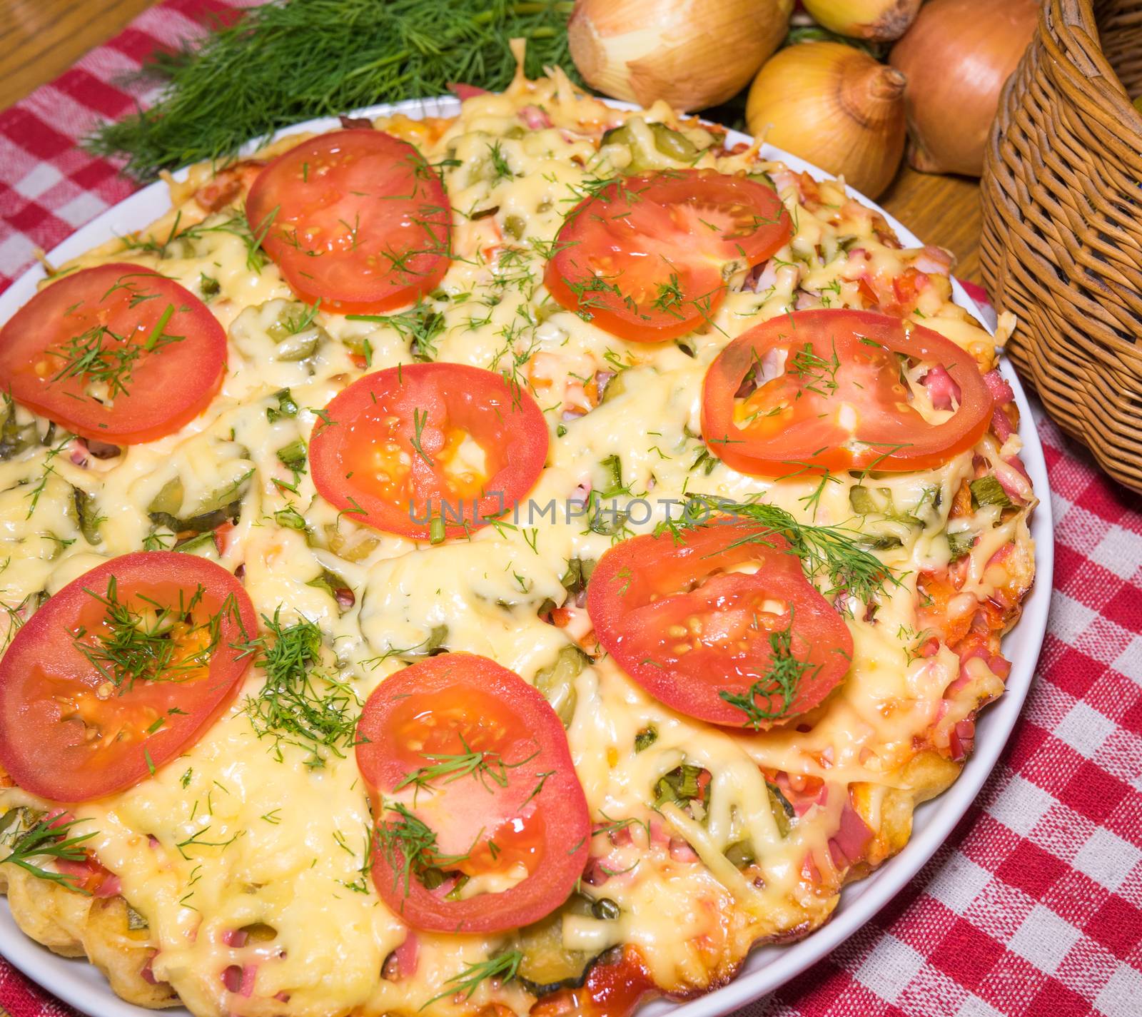 Italian pizza with meat, tomatoes ,dill and double cheese