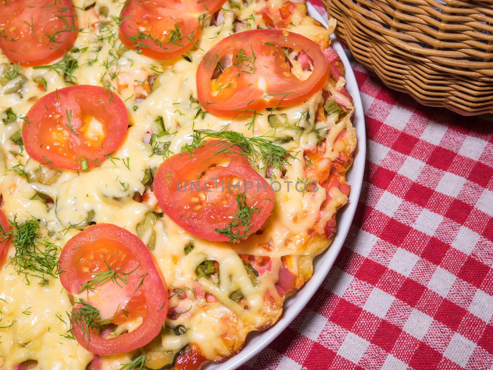 Italian pizza with meat, tomatoes ,dill and double cheese