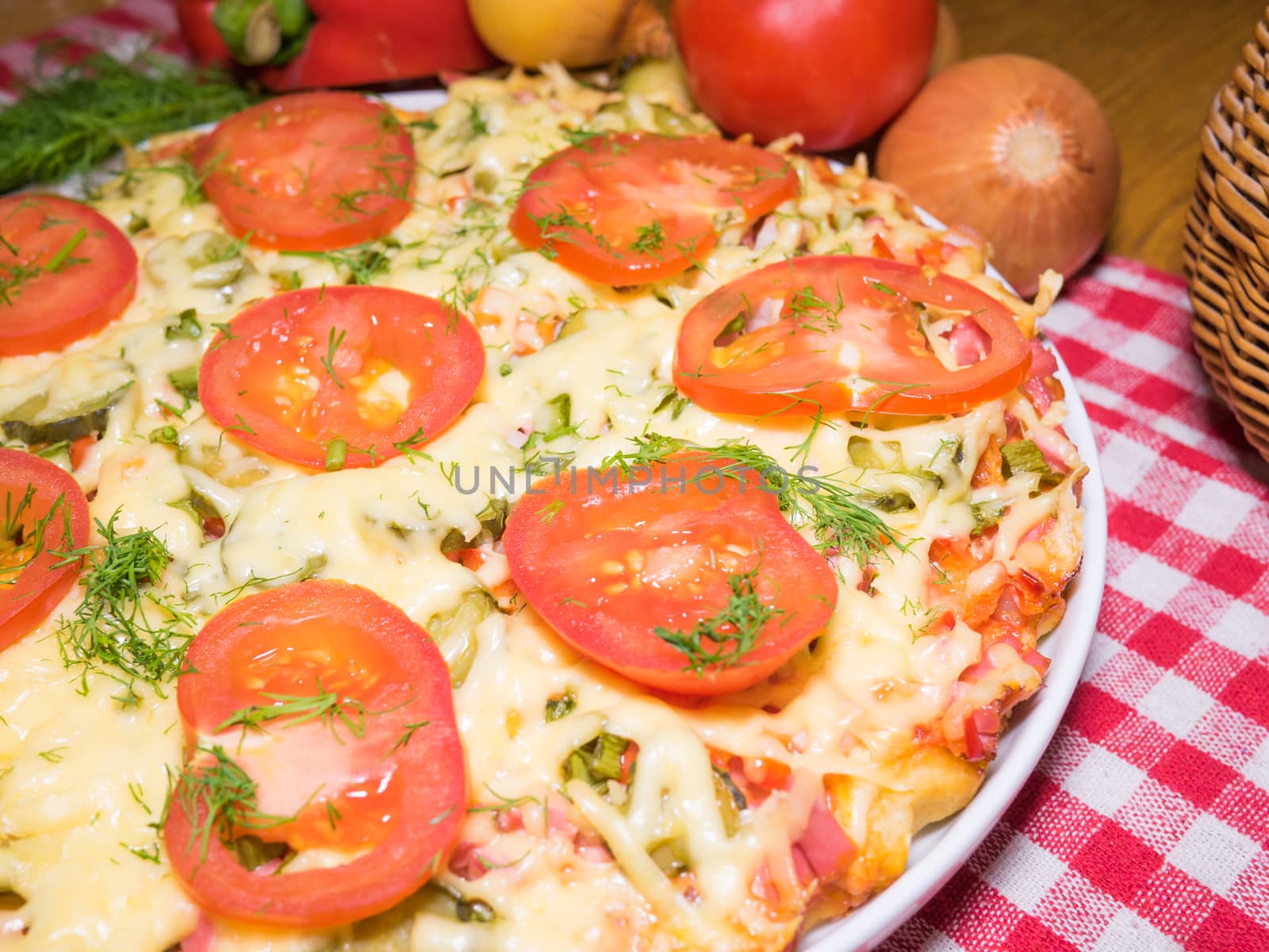 Italian pizza with meat, tomatoes ,dill and double cheese