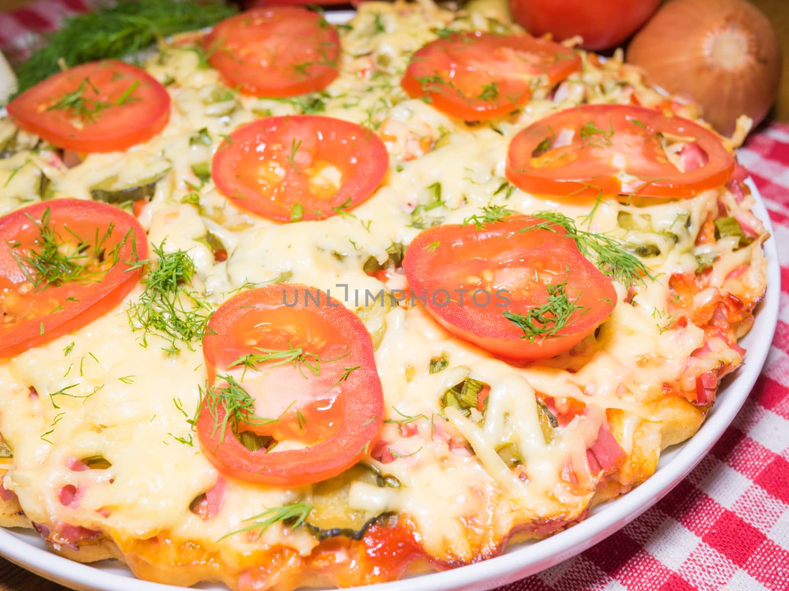 Italian pizza with meat, tomatoes ,dill and double cheese