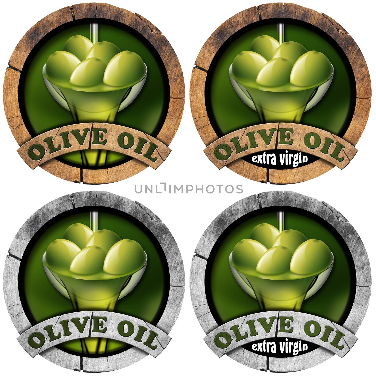 Collections of wooden icons or symbol with green olives and oil, text Olive oil and Extra virgin. Isolated on white background