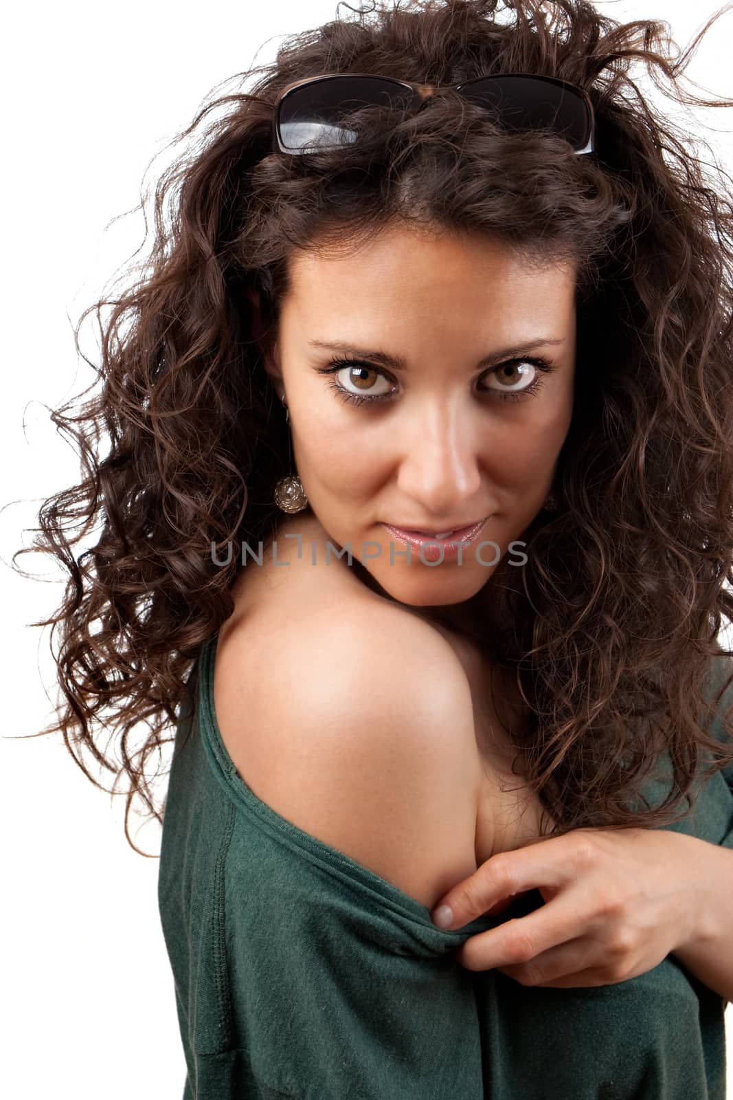 Sexy woman showing her shoulder with sunglasses on white background.