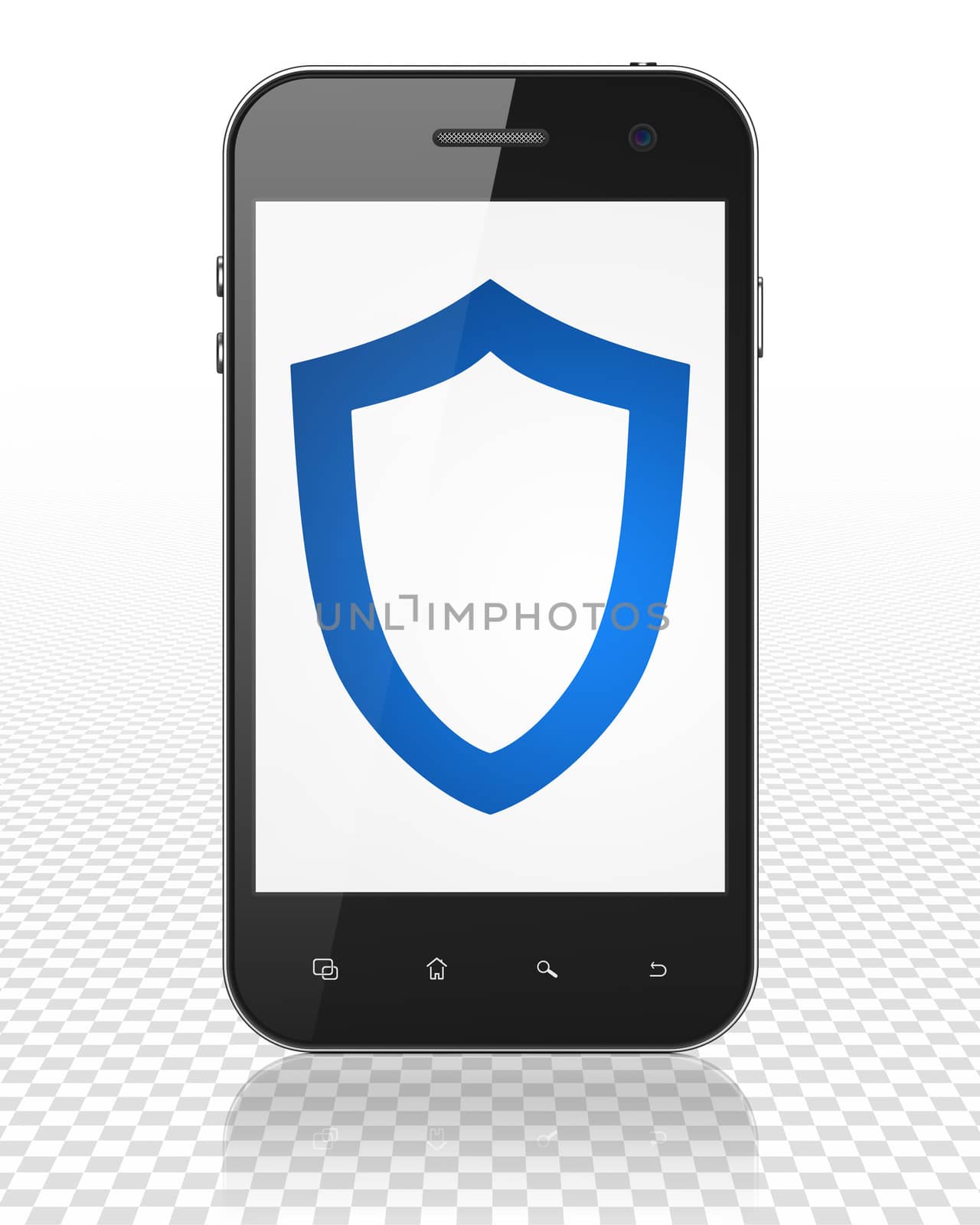 Privacy concept: Smartphone with blue Contoured Shield icon on display