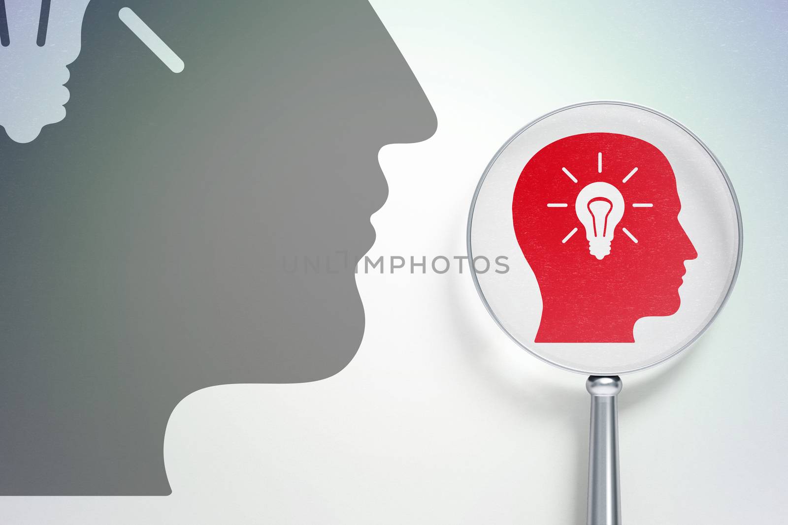 Advertising concept: magnifying optical glass with Head With Light Bulb icon on digital background, empty copyspace for card, text, advertising