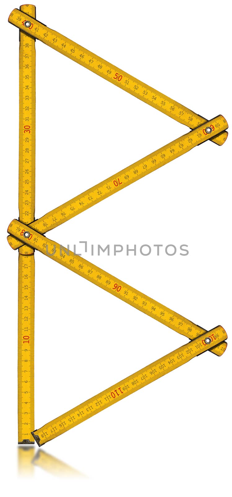 Old wooden yellow meter in the shape of letter B. Isolated on white background.