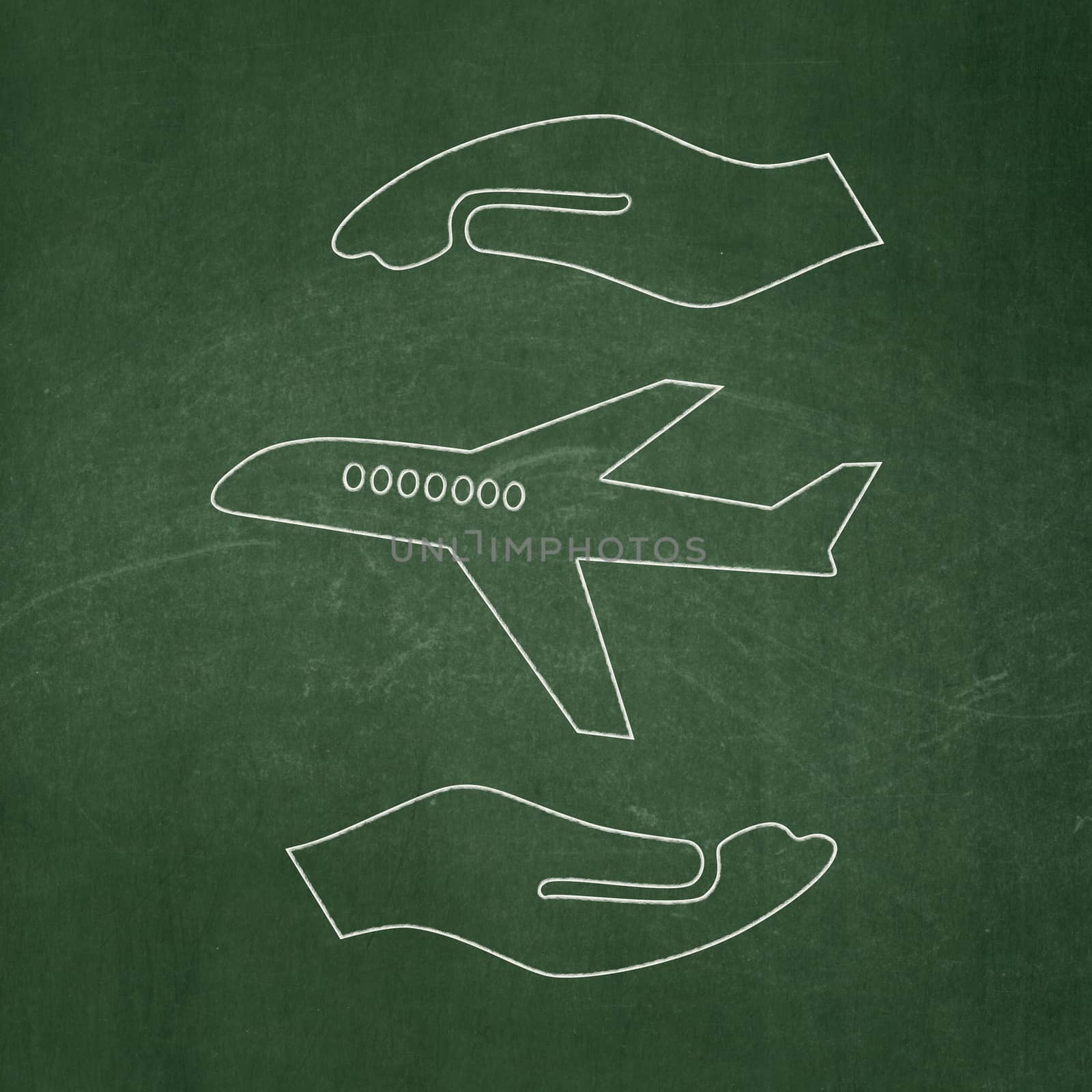 Insurance concept: Airplane And Palm icon on Green chalkboard background