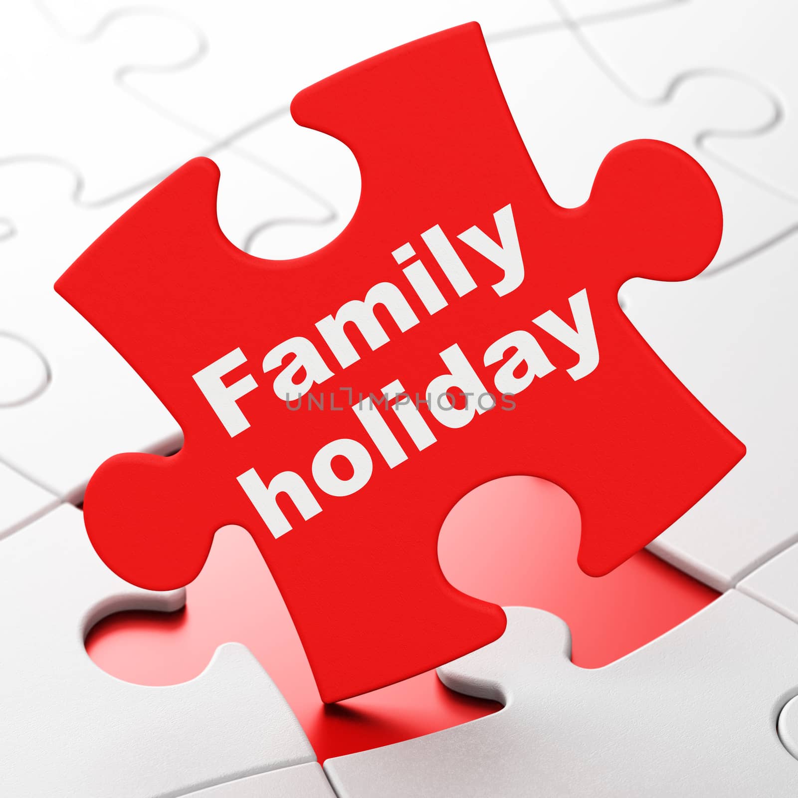 Tourism concept: Family Holiday on Red puzzle pieces background, 3d render