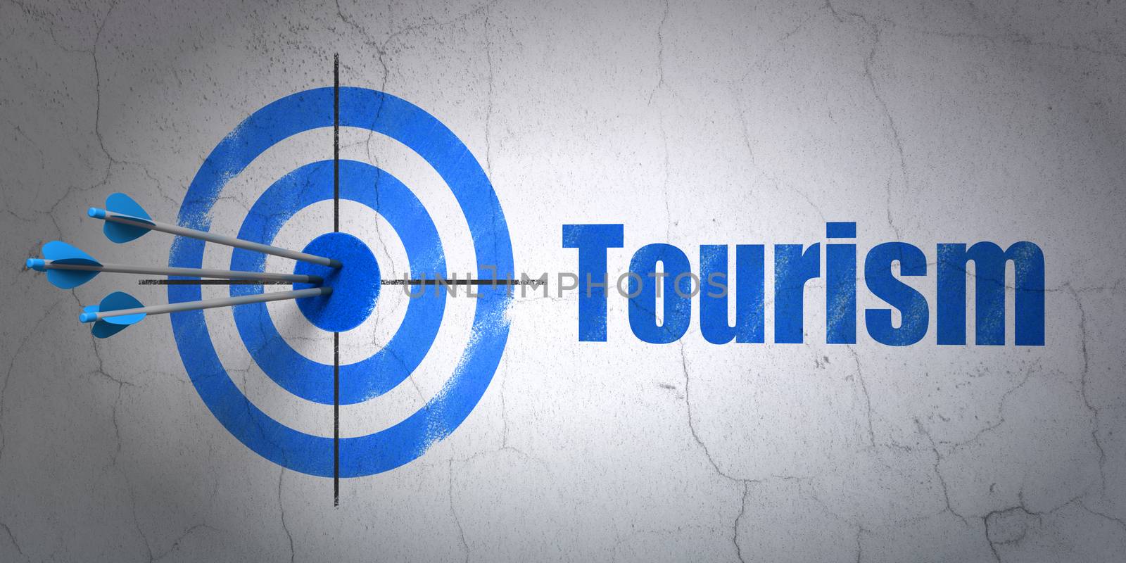 Success tourism concept: arrows hitting the center of target, Blue Tourism on wall background