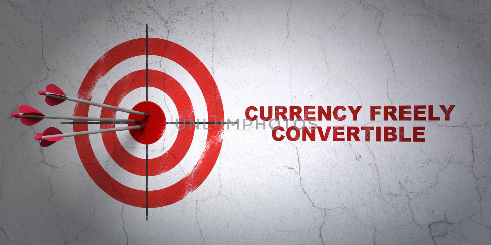 Success currency concept: arrows hitting the center of target, Red Currency freely Convertible on wall background