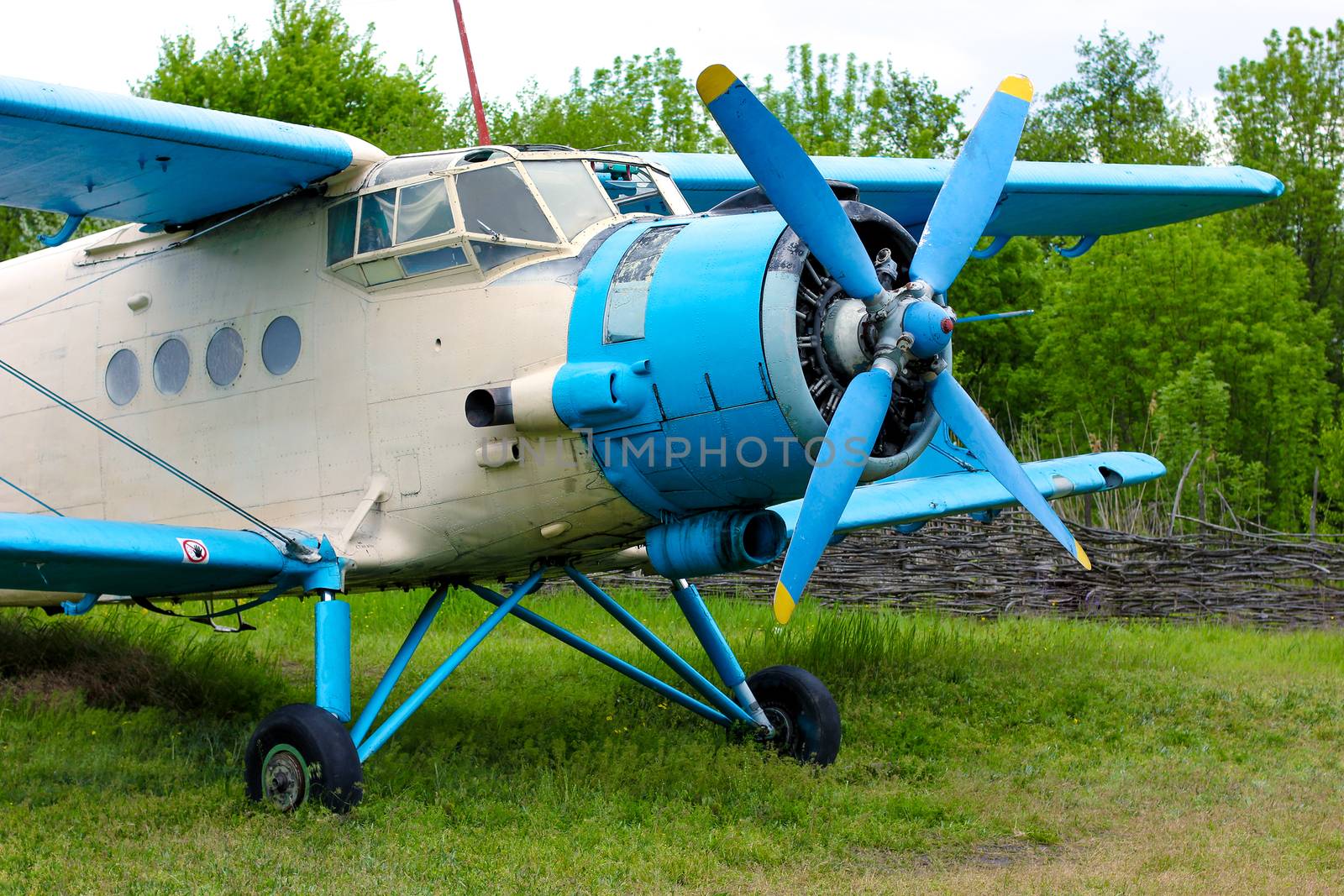 Old retro airplane on green grass field