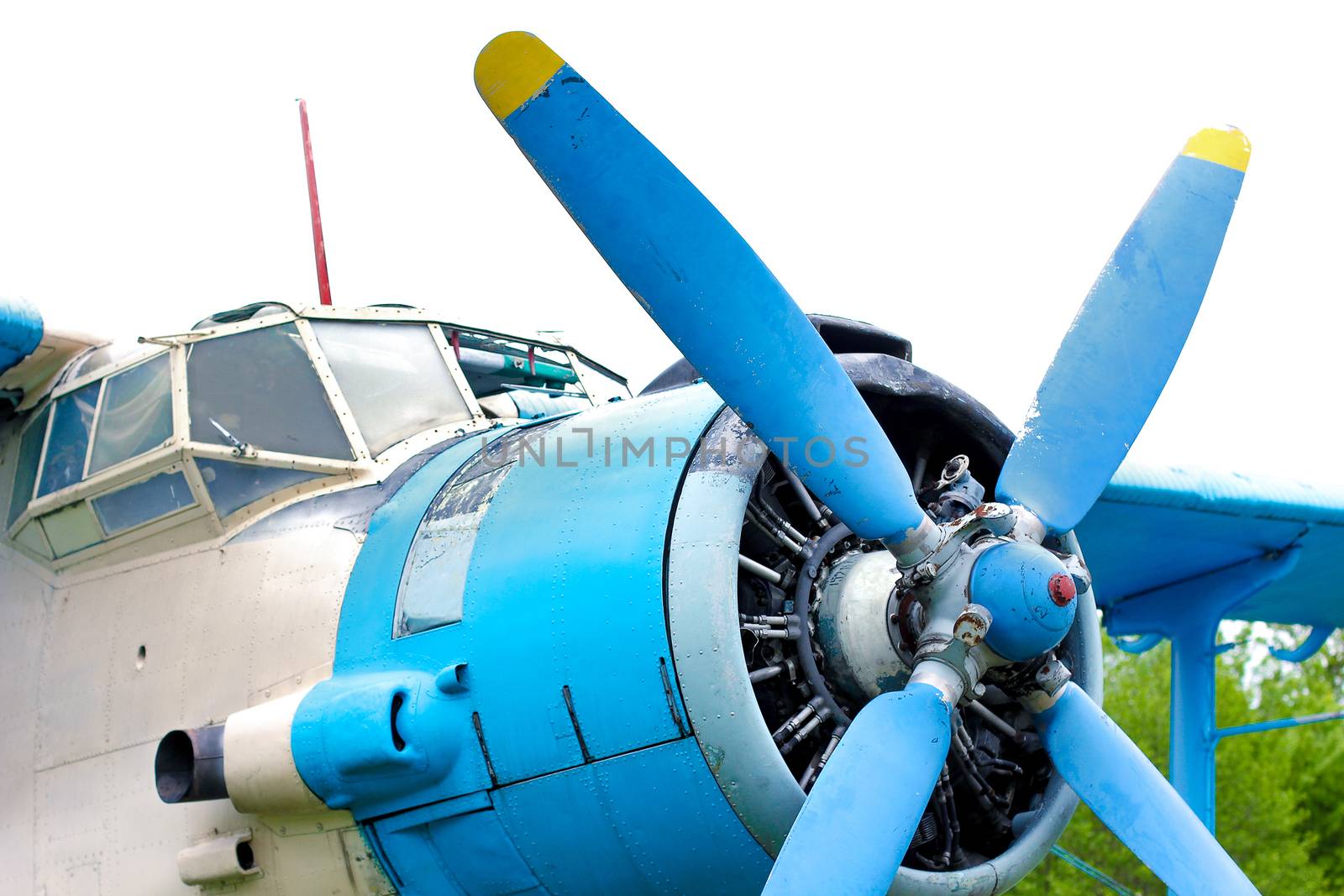 Old retro airplane on green grass field