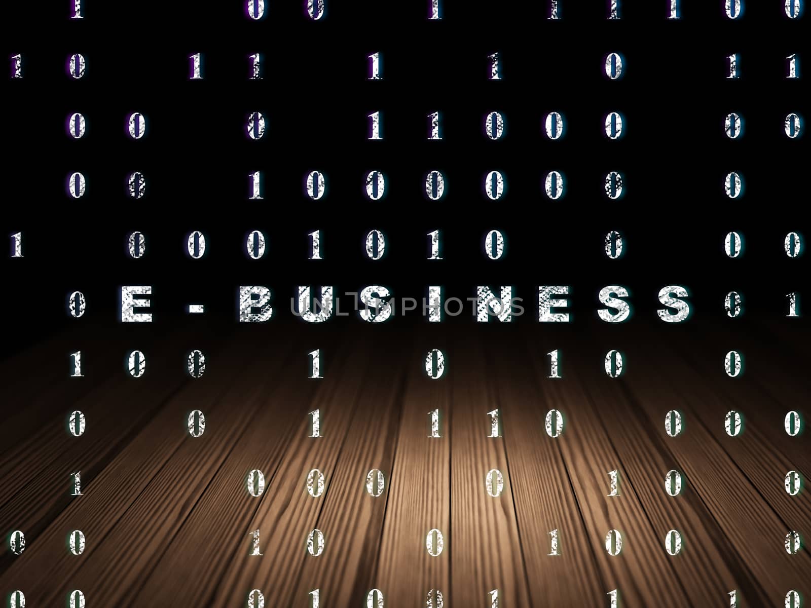 Finance concept: Glowing text E-business in grunge dark room with Wooden Floor, black background with Binary Code