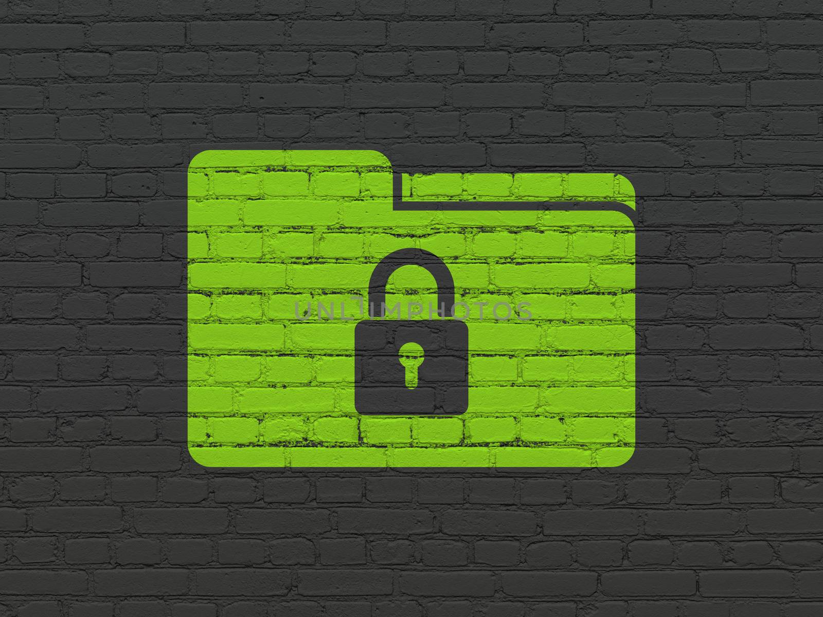 Business concept: Painted green Folder With Lock icon on Black Brick wall background