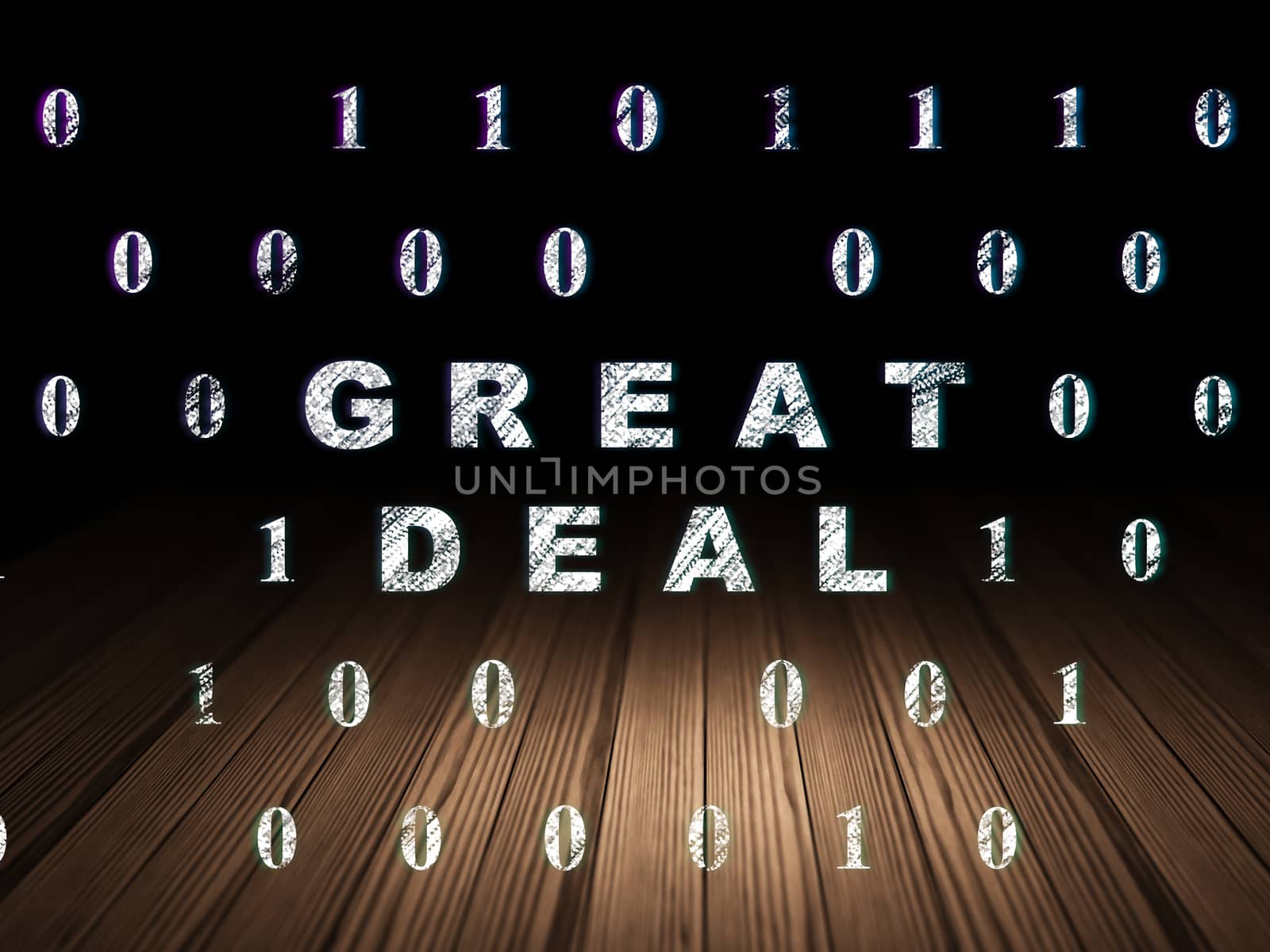 Business concept: Glowing text Great Deal in grunge dark room with Wooden Floor, black background with Binary Code