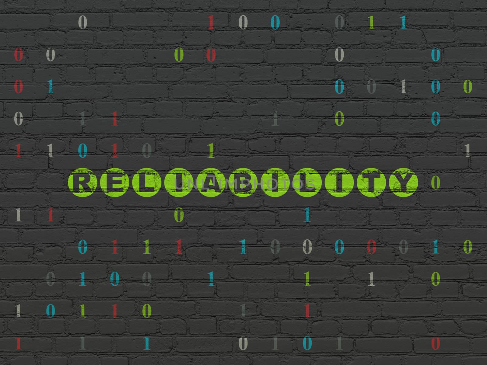 Finance concept: Painted green text Reliability on Black Brick wall background with Binary Code