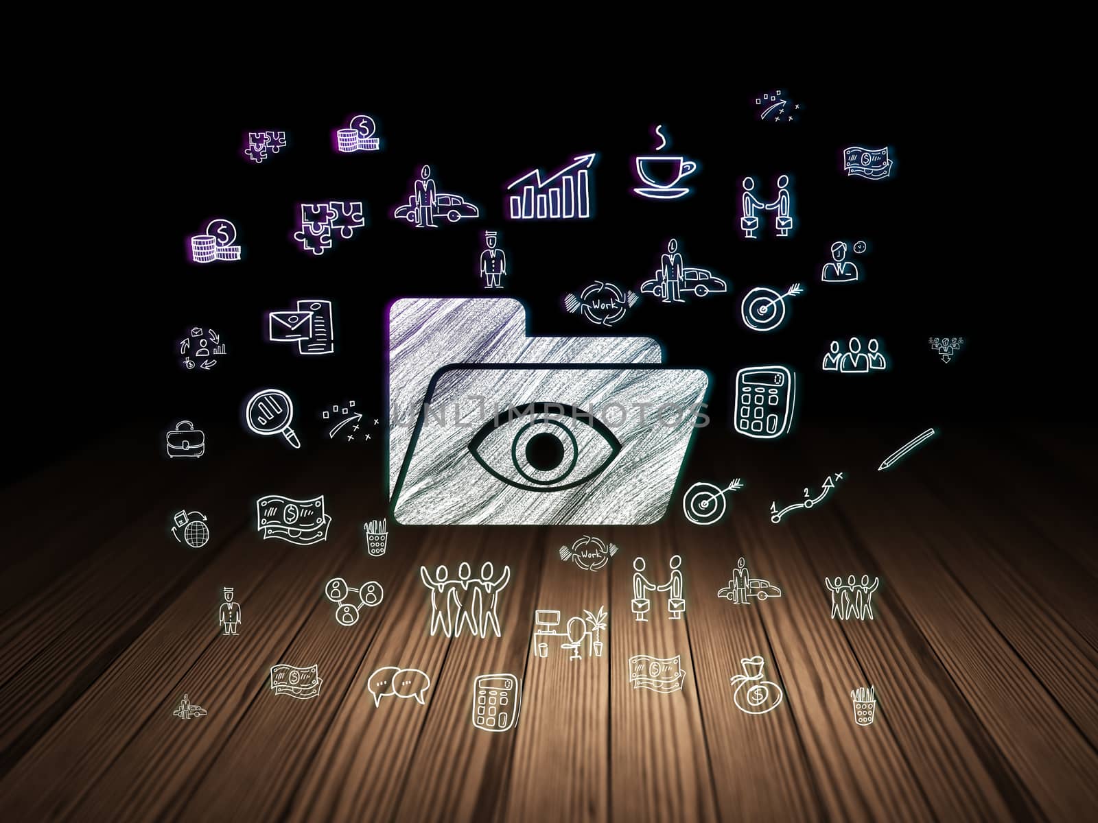 Business concept: Glowing Folder With Eye icon in grunge dark room with Wooden Floor, black background with  Hand Drawn Business Icons
