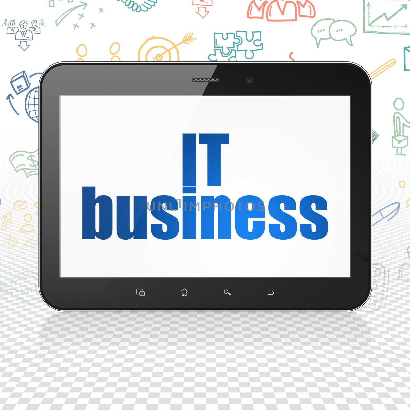 Finance concept: Tablet Computer with  blue text IT Business on display,  Hand Drawn Business Icons background