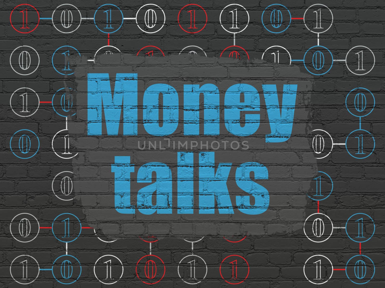 Business concept: Painted blue text Money Talks on Black Brick wall background with Scheme Of Binary Code