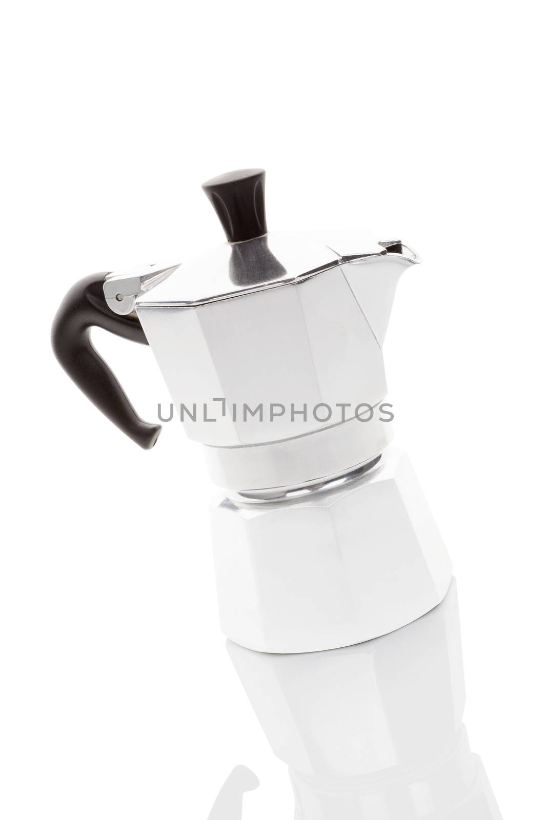 New shiny moca pot isolated on white background with reflection. Traditional italian coffee machine.