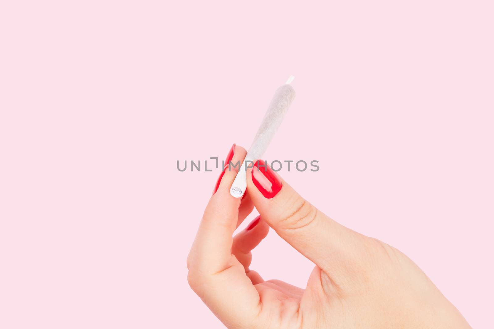 Female hand with red fingernails holding cannabis joint isolated on pink background. Sexy weed smoking.