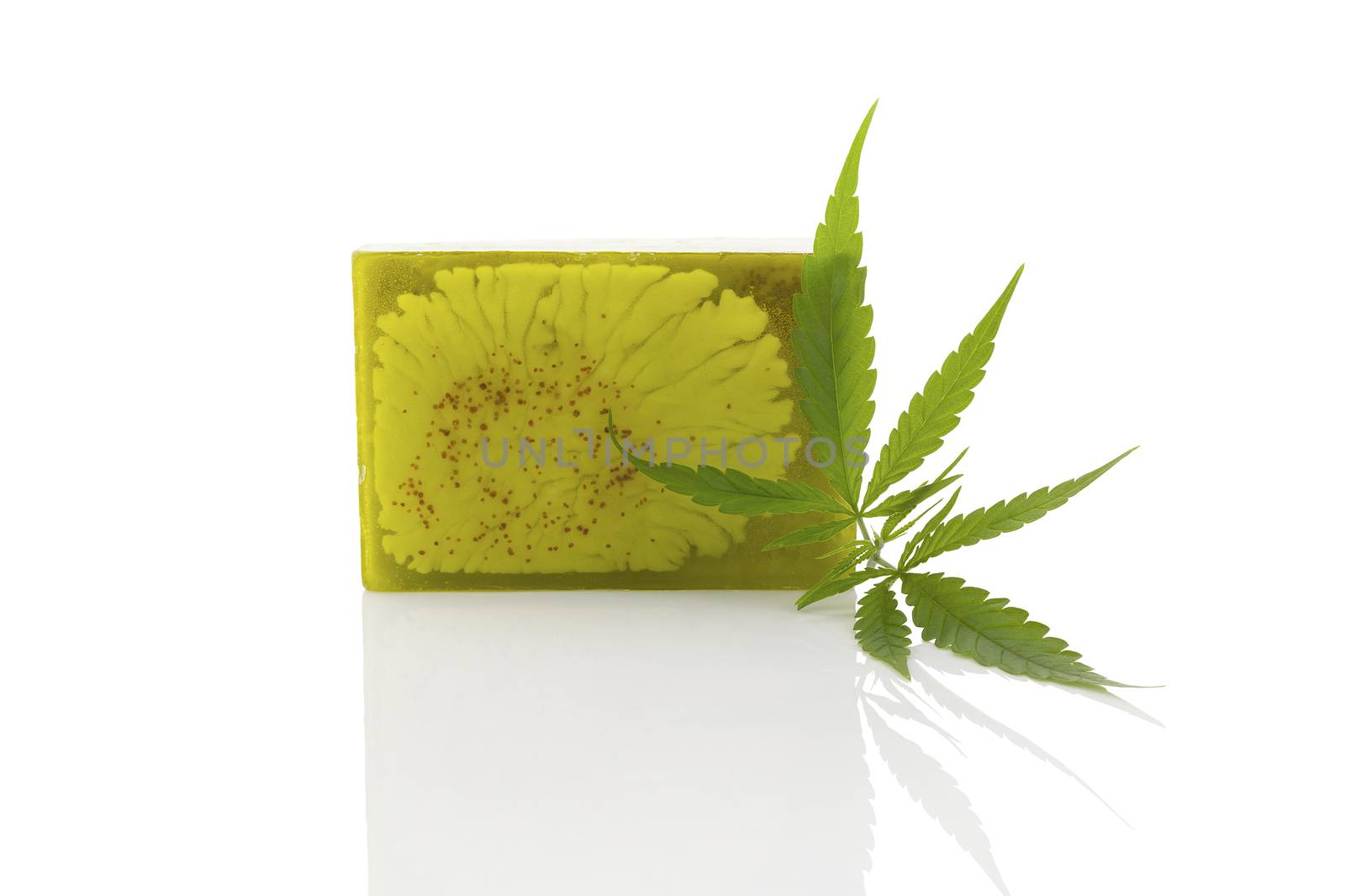 Green hemp soap and hemp leaf isolated on white background. Cannabis cosmetics. Ecological healthy skin care.