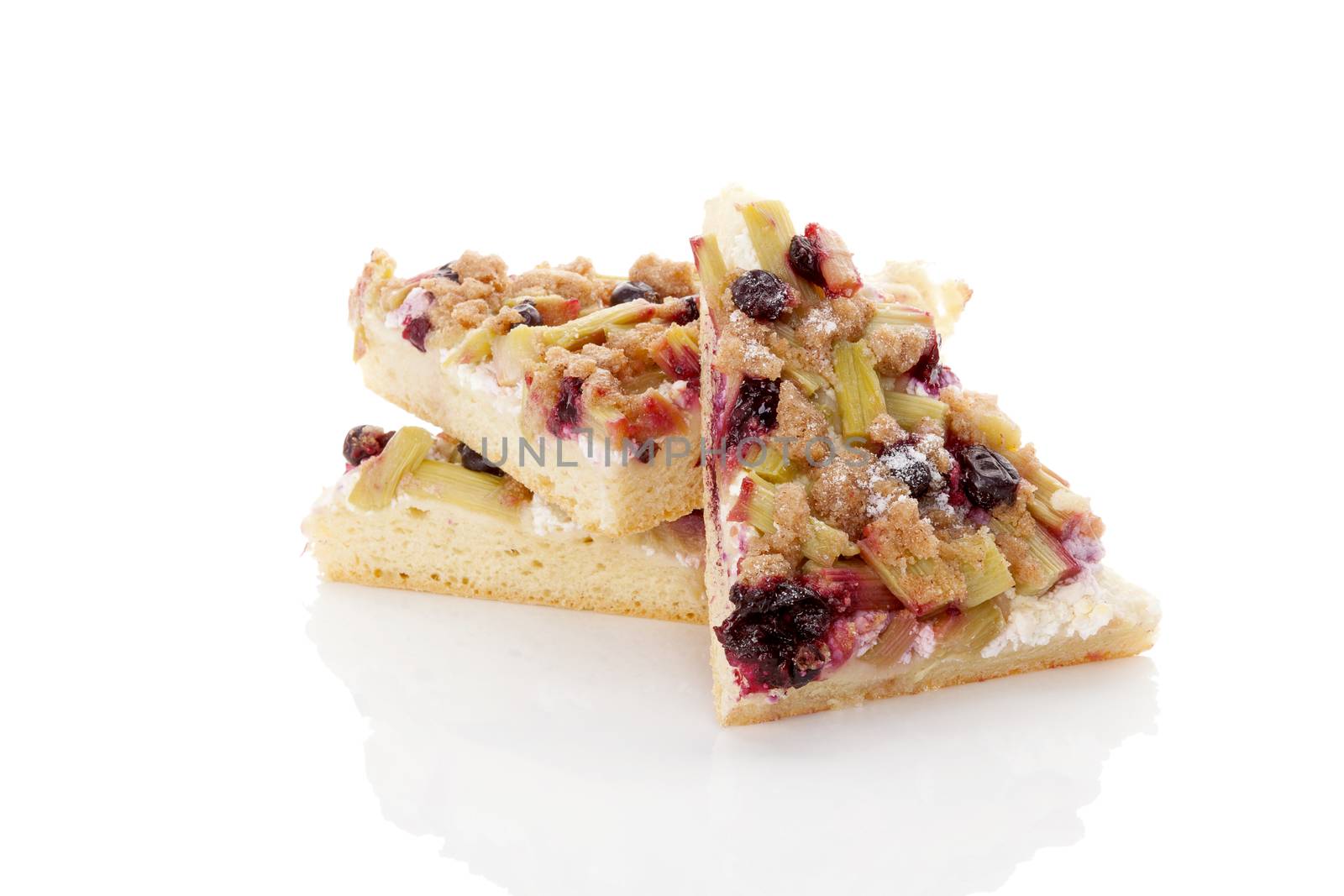 Traditional rhubarb cake isolated on white background. Culinary sweet dessert eating. 