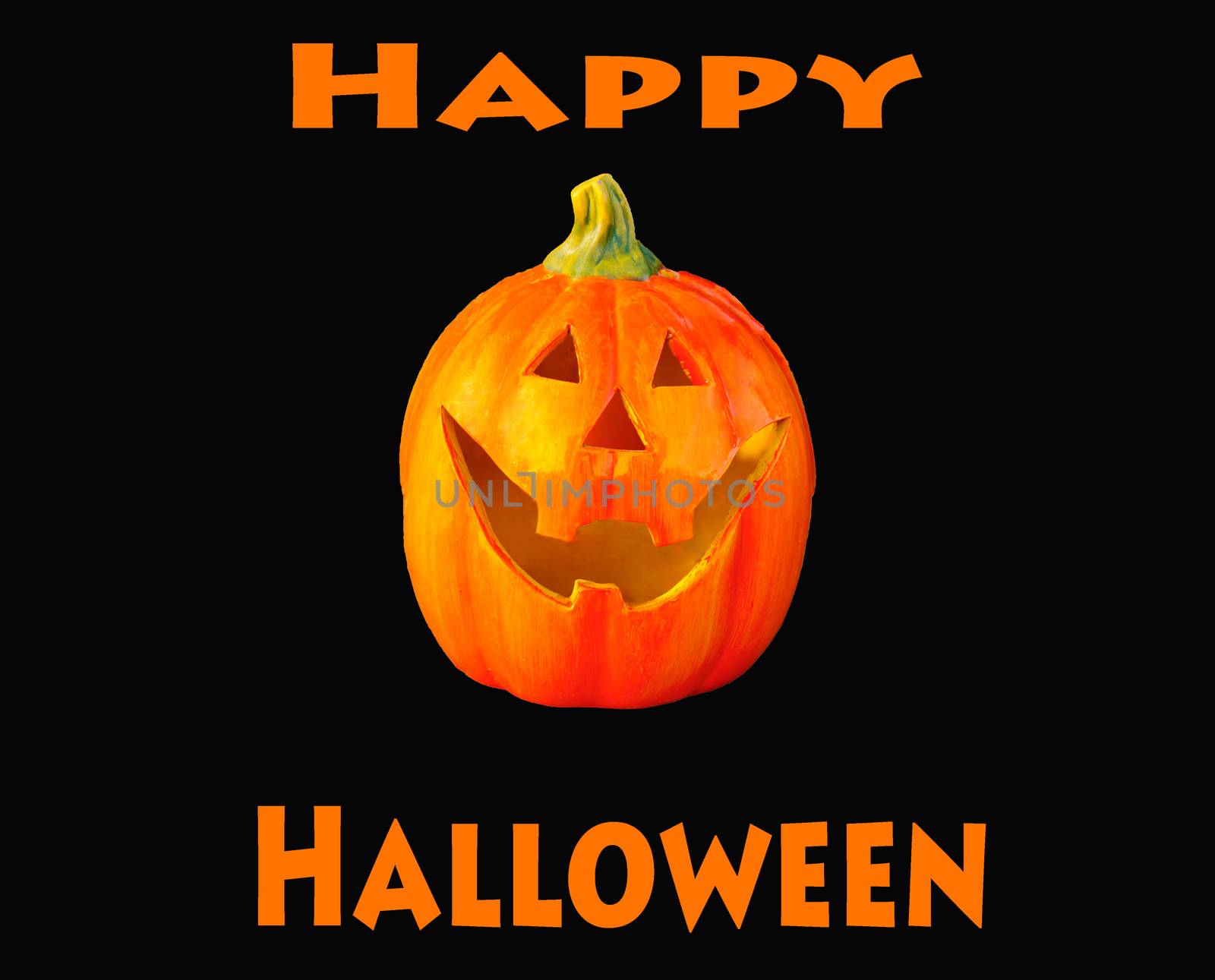 A happy smiling orange pumpkin face with the text: Happy Halloween. Black background colour.