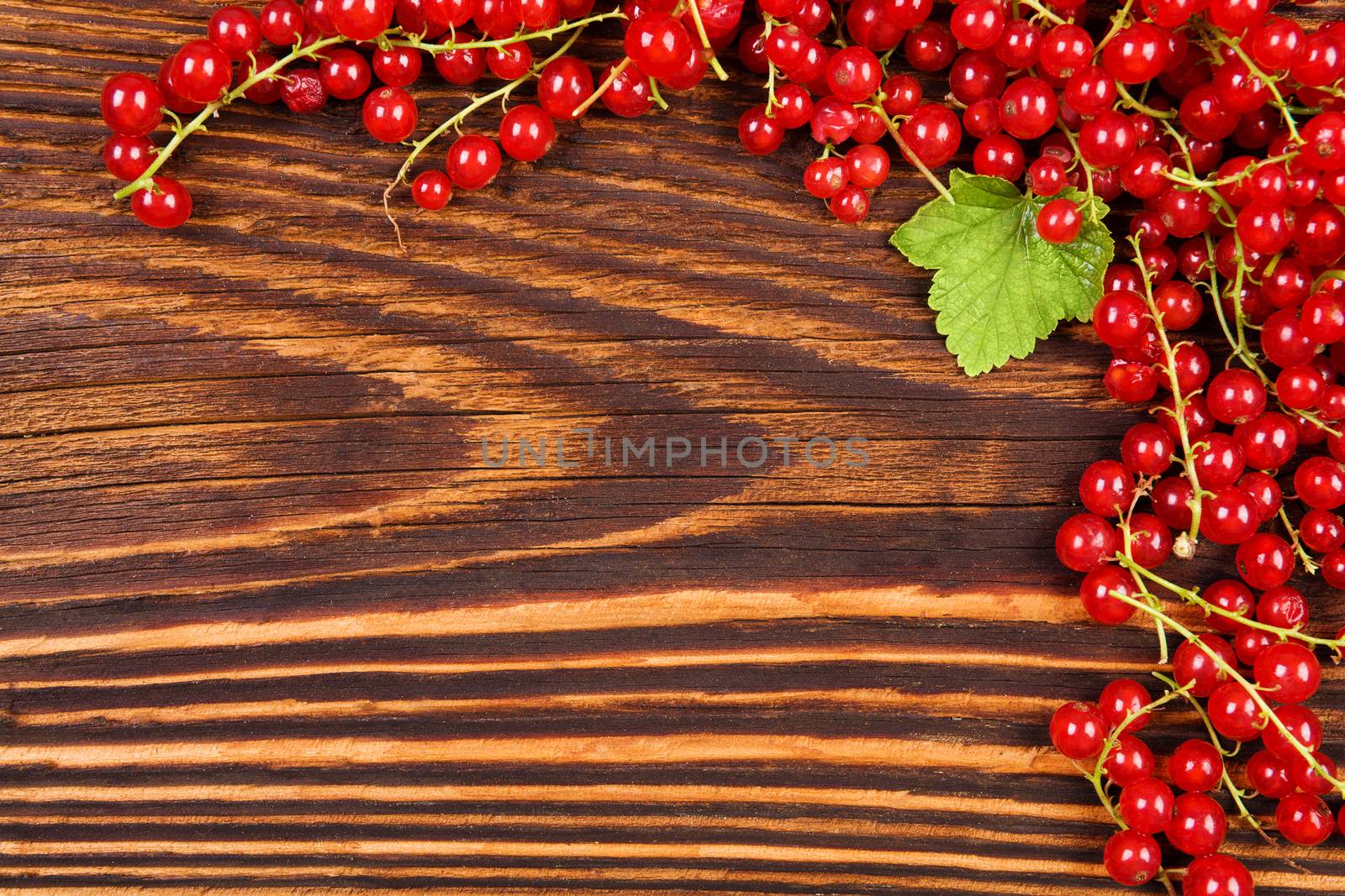 Red currant on wooden background. by eskymaks