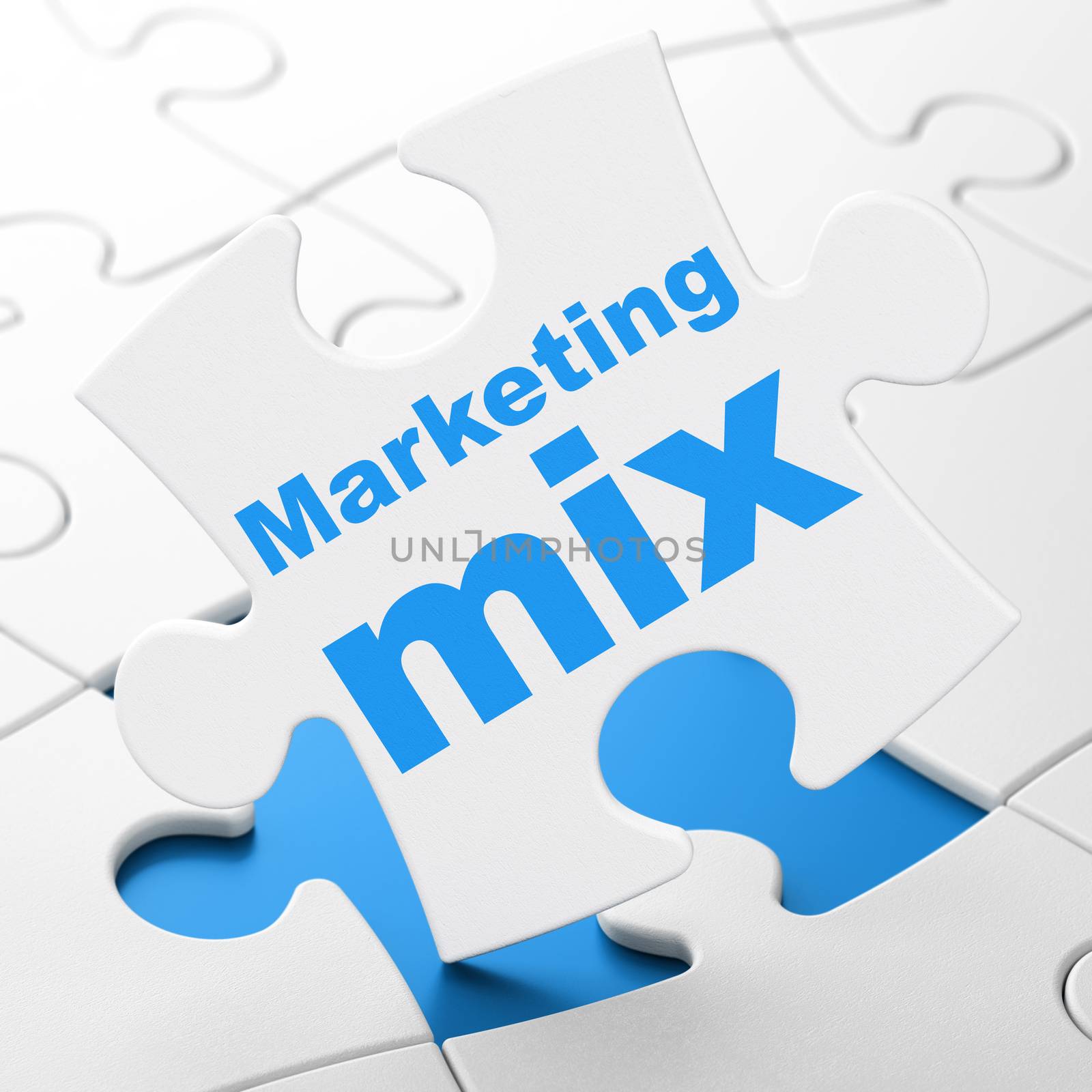 Marketing concept: Marketing Mix on White puzzle pieces background, 3d render