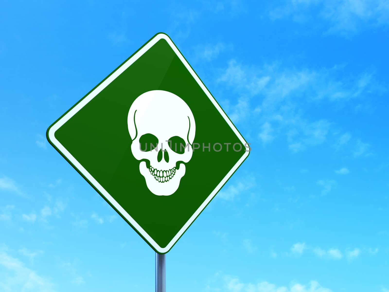 Health concept: Scull on green road (highway) sign, clear blue sky background, 3d render