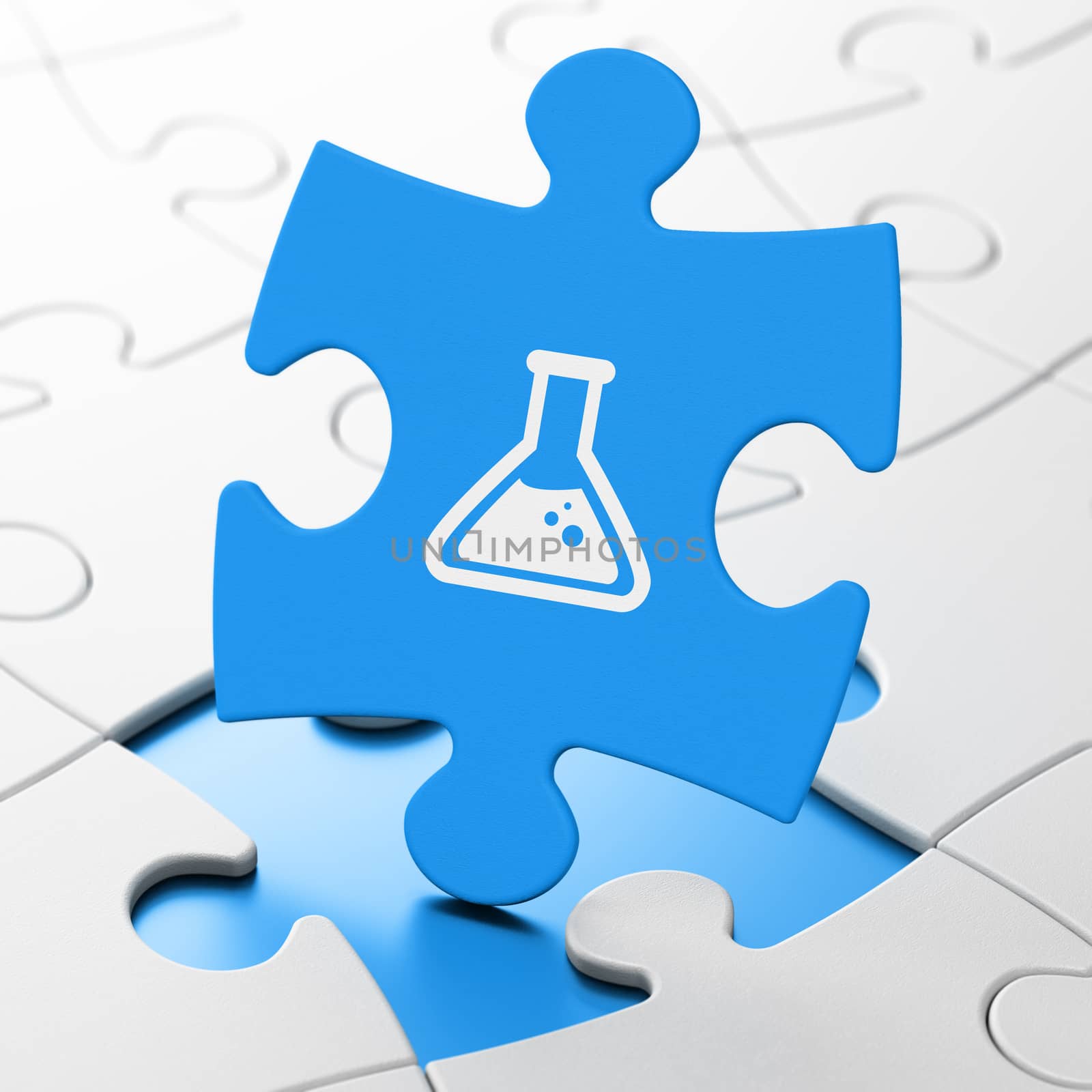 Science concept: Flask on Blue puzzle pieces background, 3d render