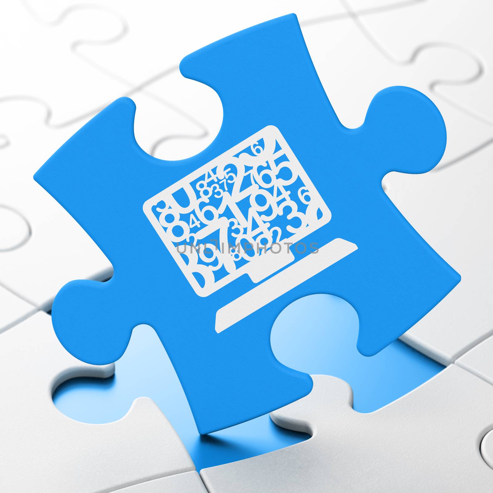 Education concept: Computer Pc on Blue puzzle pieces background, 3d render