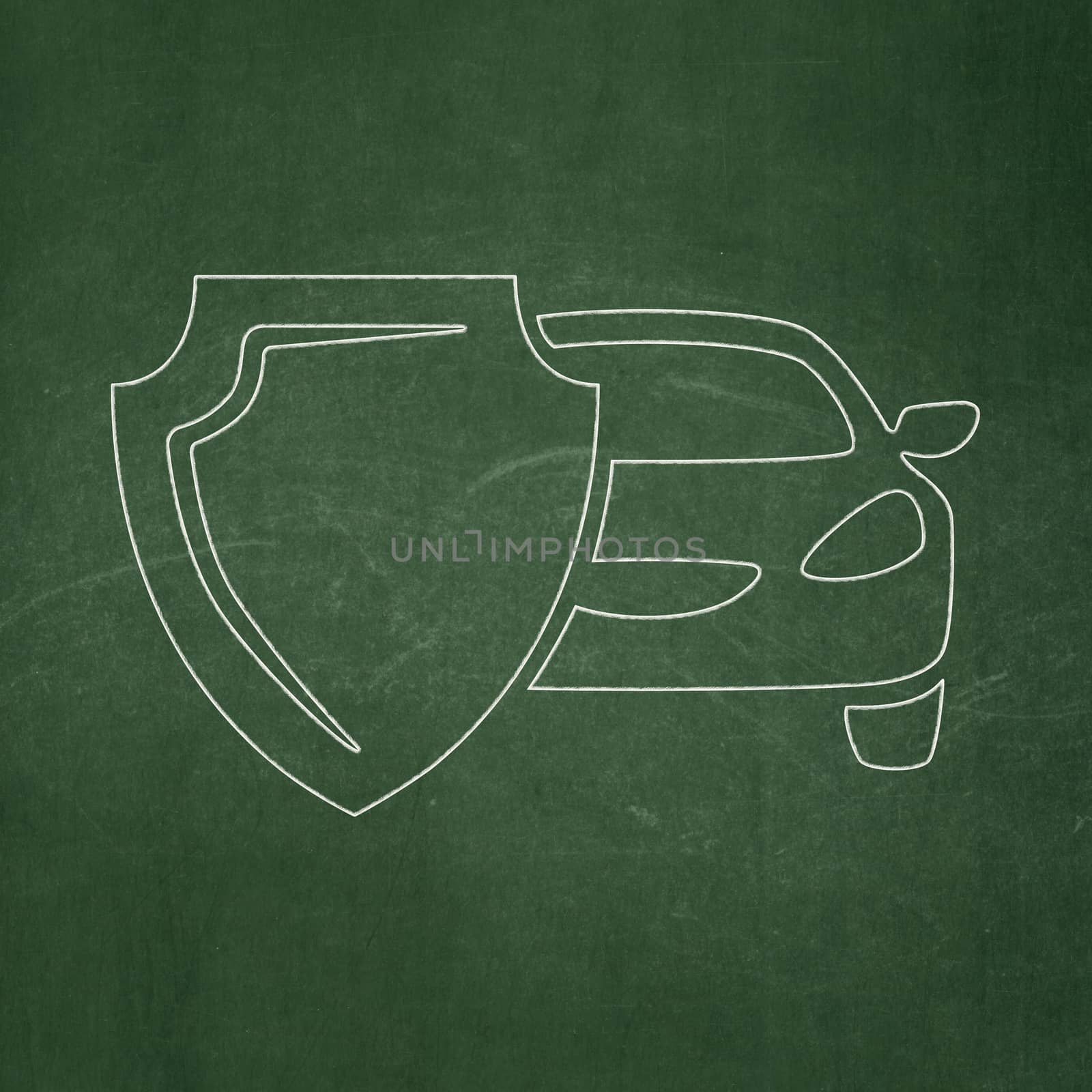 Insurance concept: Car And Shield icon on Green chalkboard background