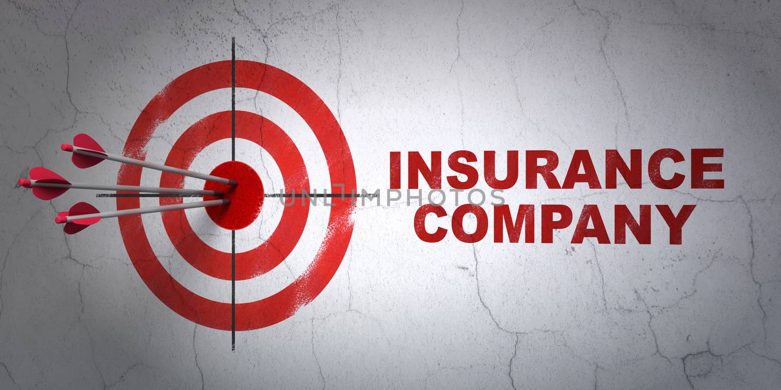 Success Insurance concept: arrows hitting the center of target, Red Insurance Company on wall background