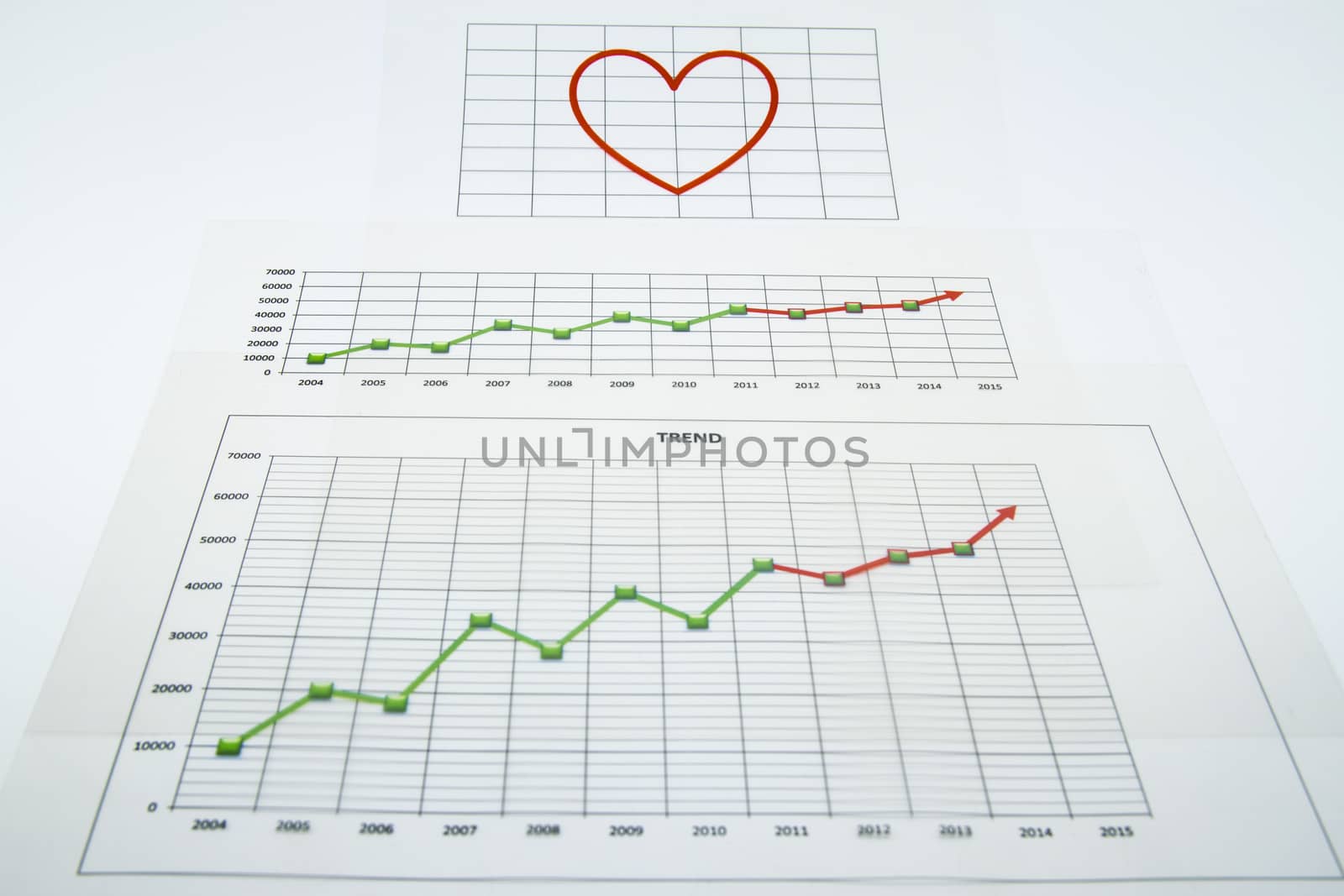 stack of paper documents with financial reports and a big red heart isolated on white background