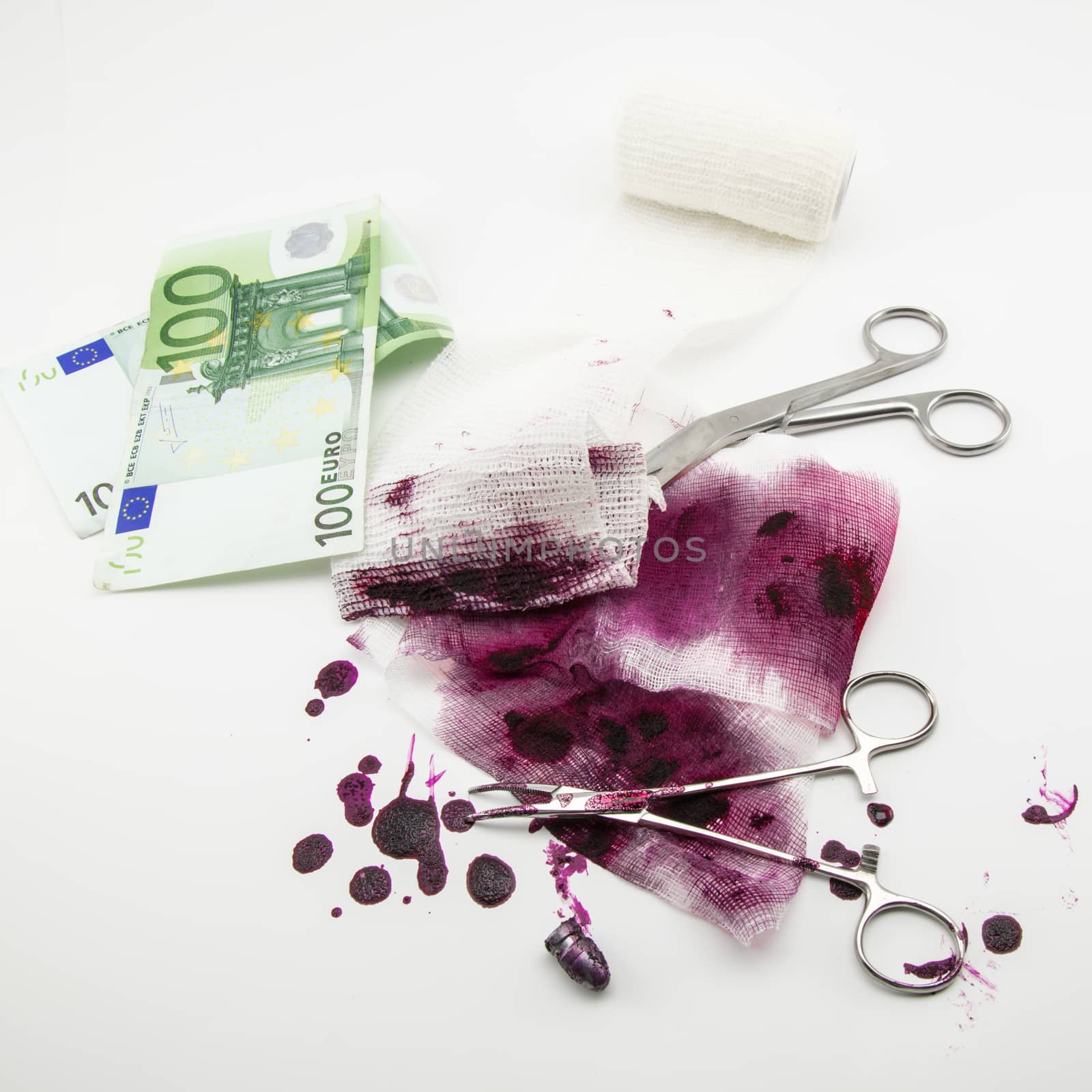 Surgical composition with bullet, money, blood and bandage