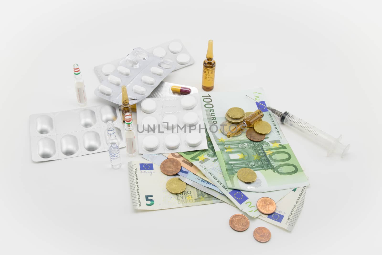 composition with euros, bullets, drugs