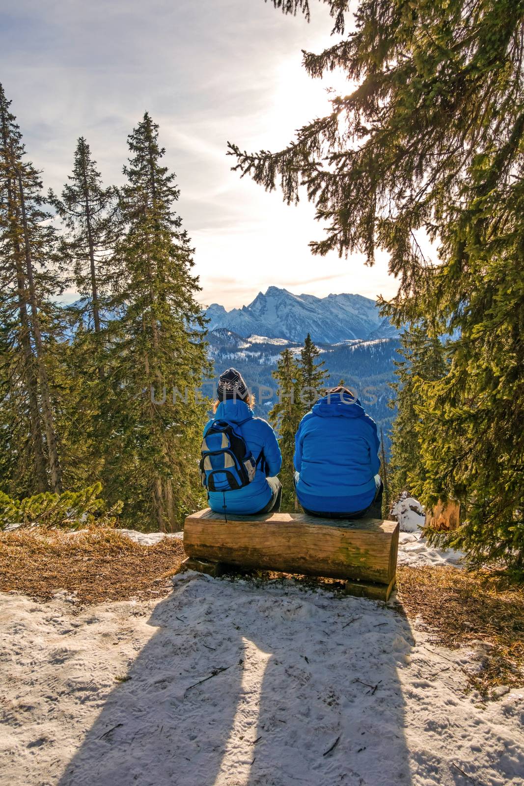 two hikers resting on a trunk and enjoying the sight while the sun is shining