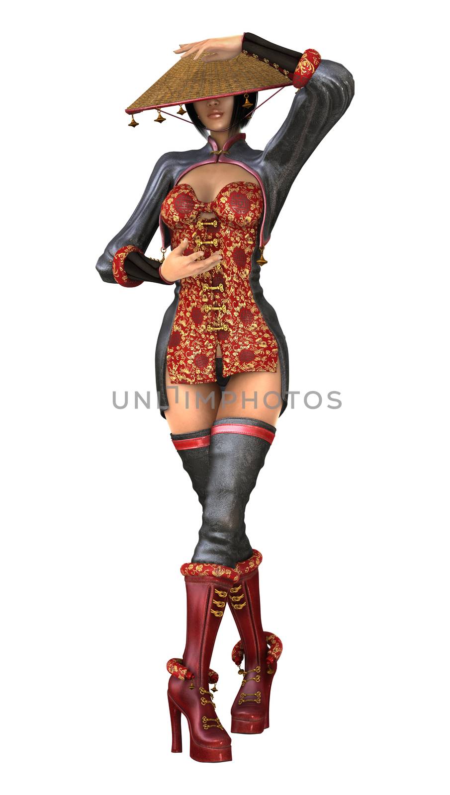 3D digital render of a beautiful Asian battle woman isolated on white background