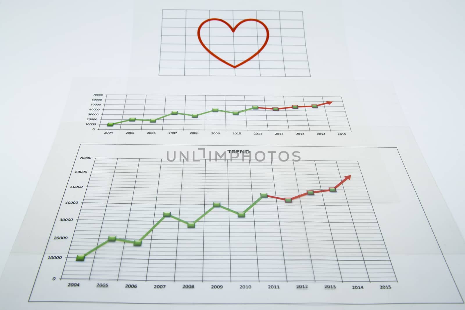 stack of paper documents with financial reports and a big red heart isolated on white background